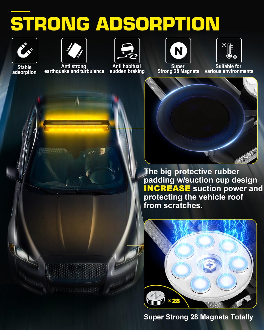 42" Roof Top Strobe Light Bar Amber White Emergency Traffic Advisor Lights, Double Side Warning Safety Flashing w/Magnetic Mount for Construction Vehicles Plow Trucks Pickup, Amber/White