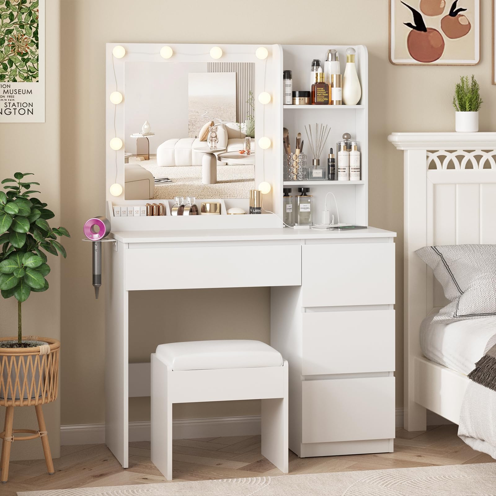 Vabches Makeup Vanity with Lights, 37inch Vanity Desk, 4 Large Drawers Dresser with Lighted Mirror, 3 Lighting Modes Brightness Adjustable, White