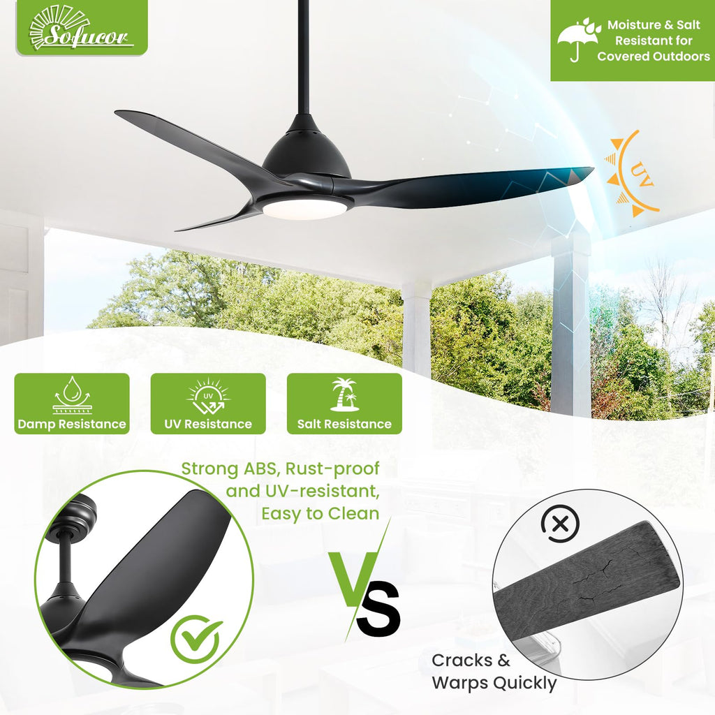 Sofucor 52 Inch Outdoor Ceiling Fans with Lights, Modern Ceiling Fan with 3 Plastic Blade, Quiet, Dimmable, High 7000CFM 6-Speed 3-Timer Reversible DC Motor, for Bedroom Living Room, ETL, Black