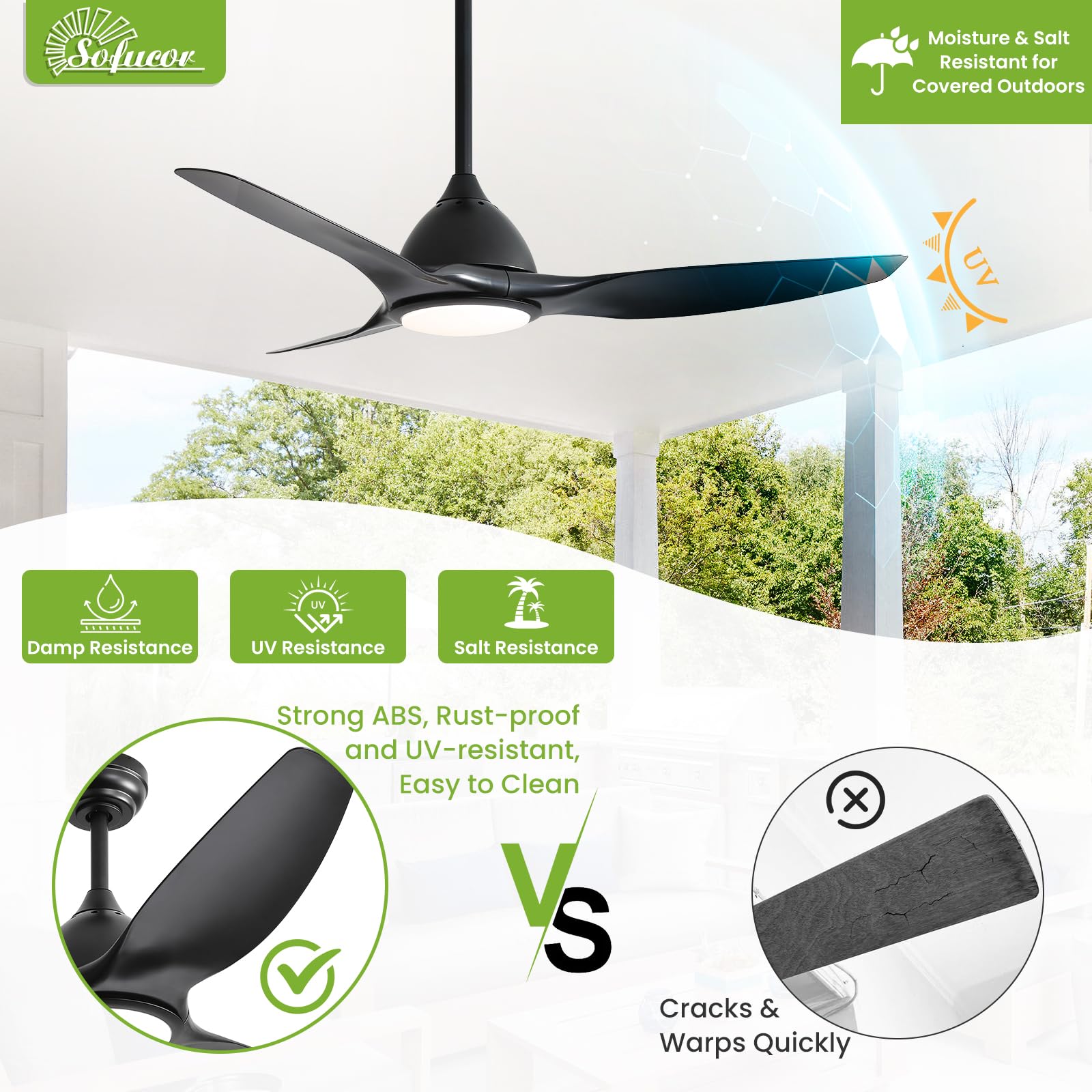 Sofucor 52 Inch Outdoor Ceiling Fans with Lights, Modern Ceiling Fan with 3 Plastic Blade, Quiet, Dimmable, High 7000CFM 6-Speed 3-Timer Reversible DC Motor, for Bedroom Living Room, ETL, Black