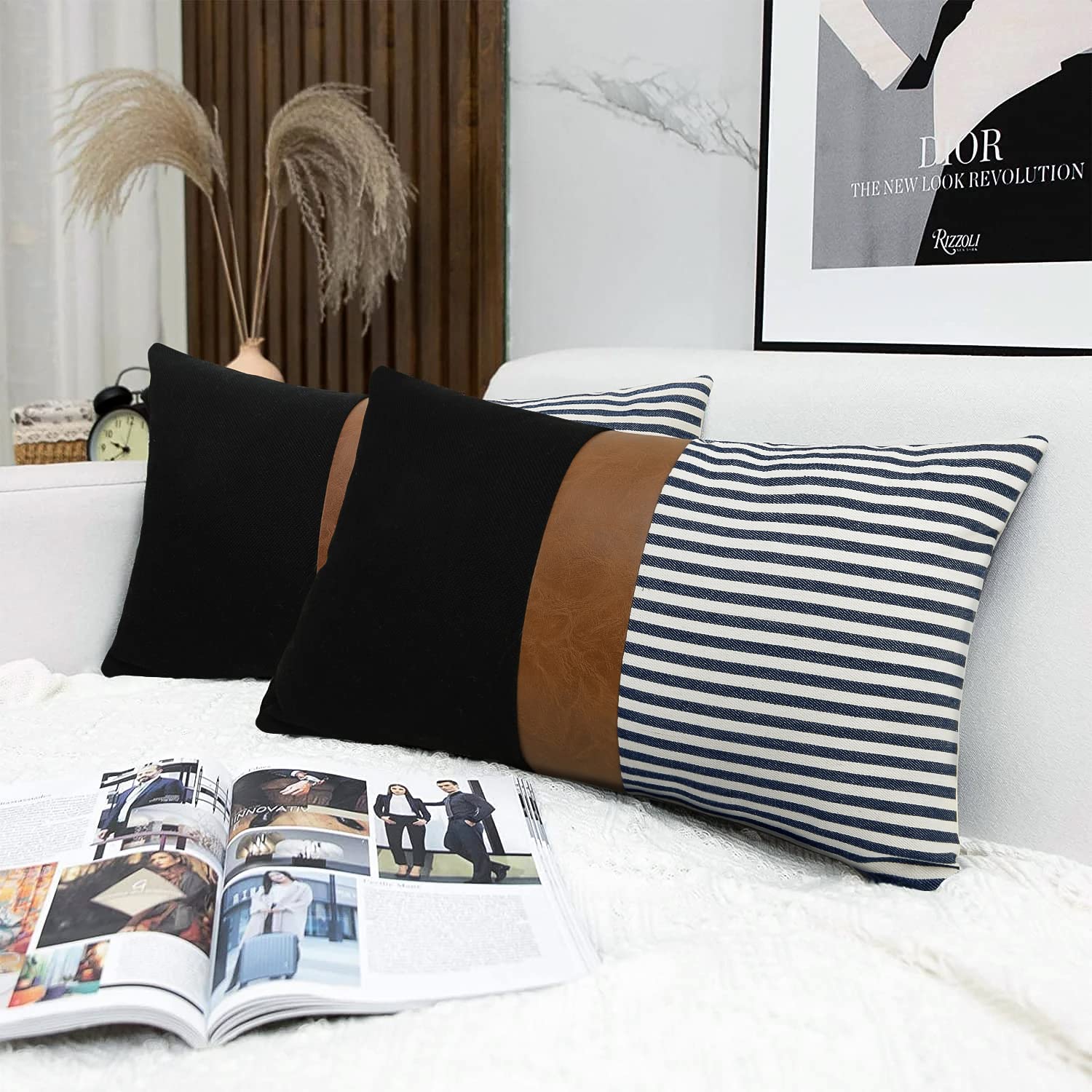 16x16 inch Pillow Covers Set of 2 Farmhouse Decor Stripe Patchwork Linen Throw Pillow Covers Modern Faux Leather Covers for Couch Sofa,Black