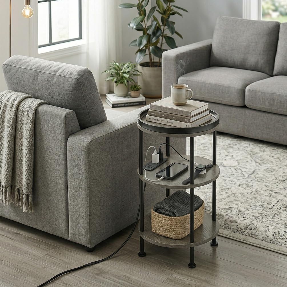 Small Round Side Table with Charging Station for Small Spaces, 3-Tier Accent Table with USB Ports & Power Outlets, Sofa Corner Tea Table for Living Room Nightstand Bedroom Apartment (Black)
