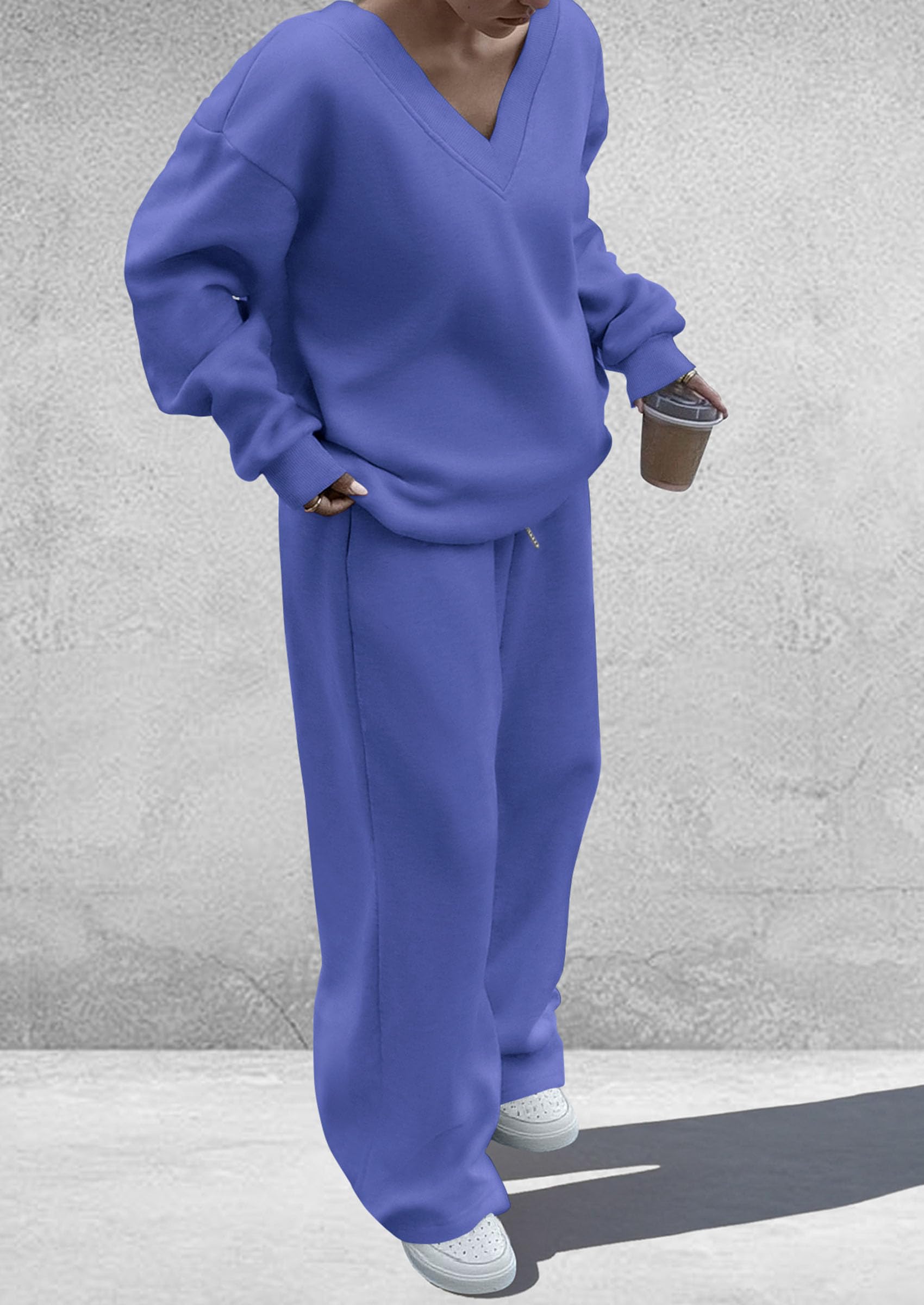 PRETTYGARDEN Casual Winter Two Piece Sets for Women 2026 V Neck Sweatshirt Loose Wide Leg Pants Tracksuit Knit Fall Outfits
