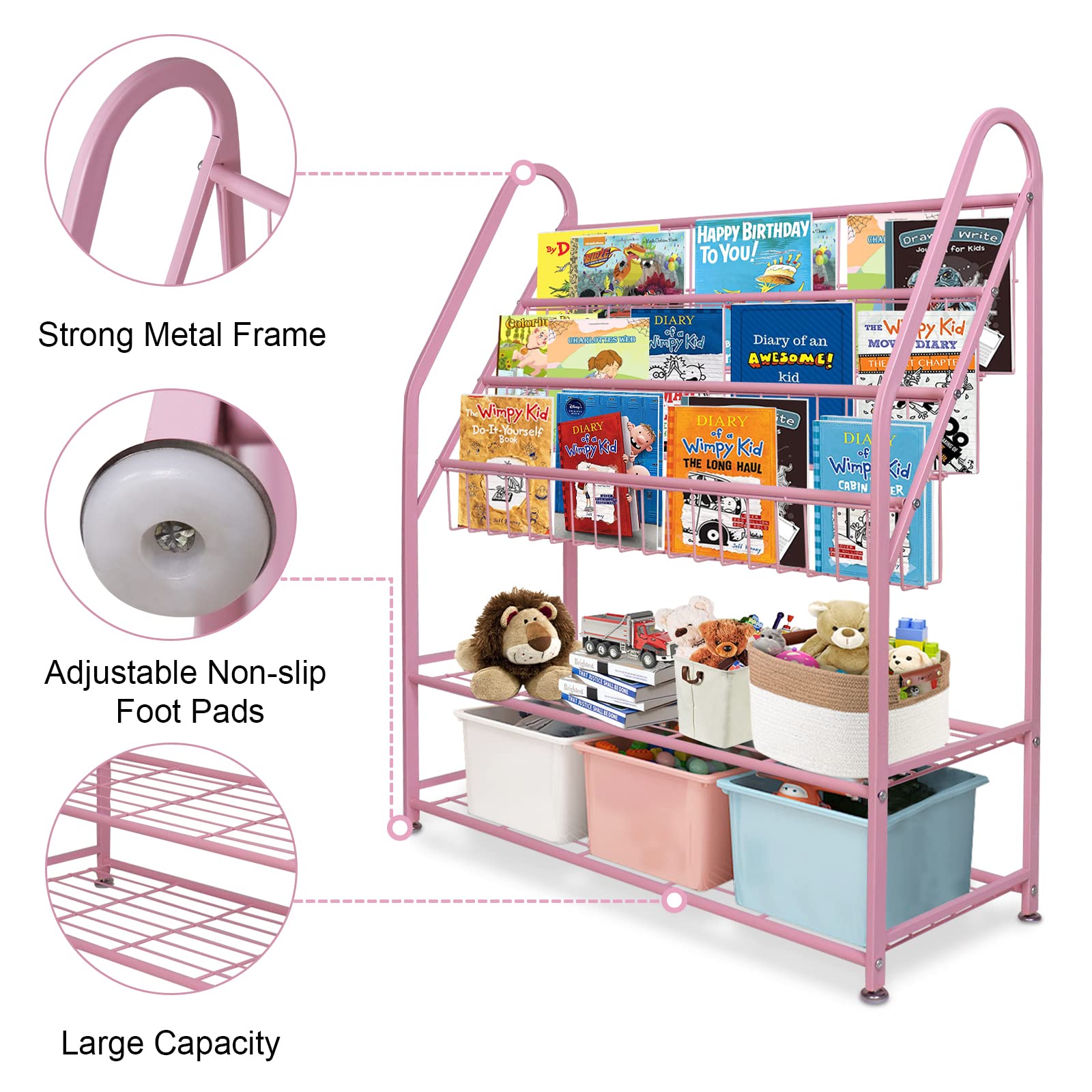 aboxoo Metal Kids Bookshelf Black Large Freestanding for Children Room 32 in Toy Organizer Large Stable Bookcase Bookstore Library Book Unit Storage Kids Bed Living Room