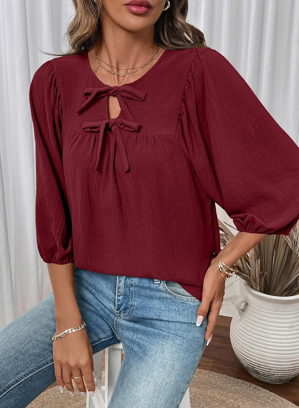 SHEWIN Womens Tops 3/4 Sleeves Blouse Babydoll Dressy Casual Top Elegant Bow Tie Loose Ladies Shirts 2026