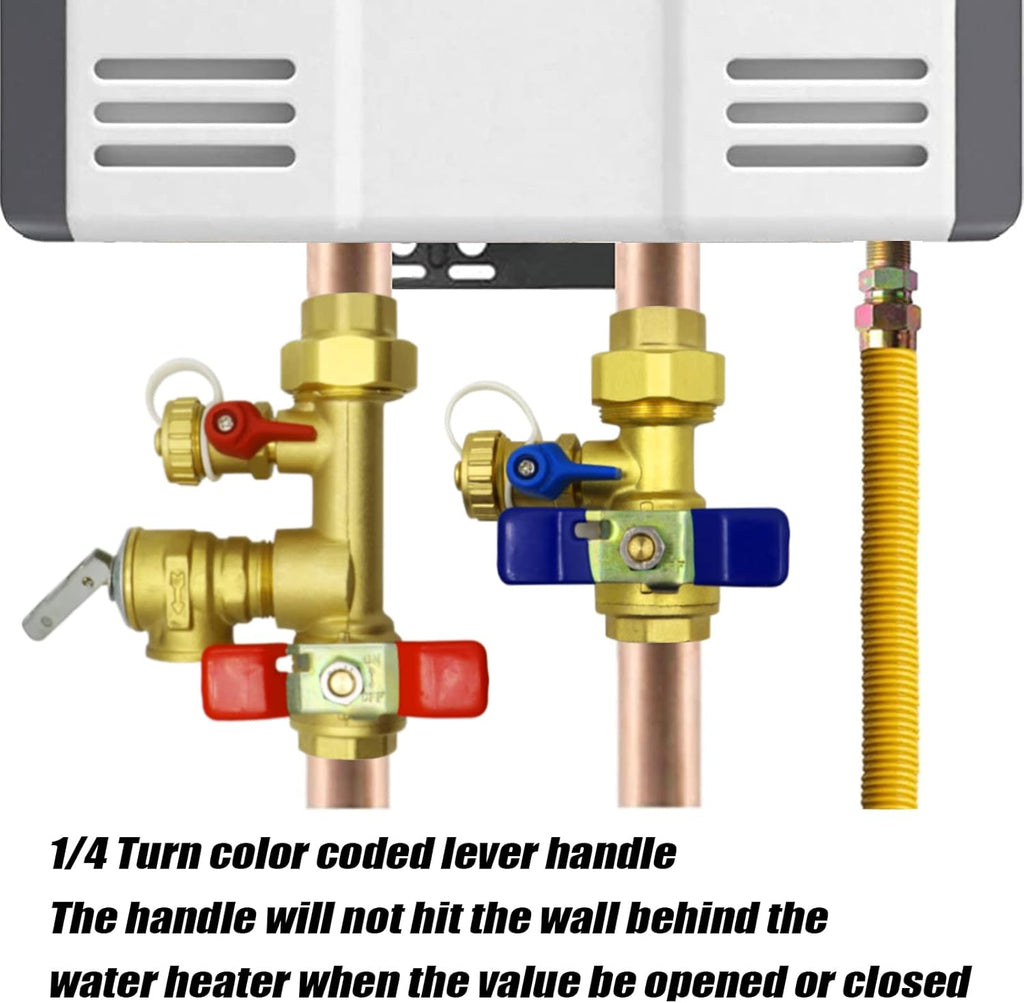 3/4 Inch IPS Isolator Tankless Water Heater Service Valve Kit with Pressure Relief Valve, Clean Brass, 3/4 Inch Service Installation Valve for rheem,rinai,ecosmart,navien,noritz,takagi,bosch
