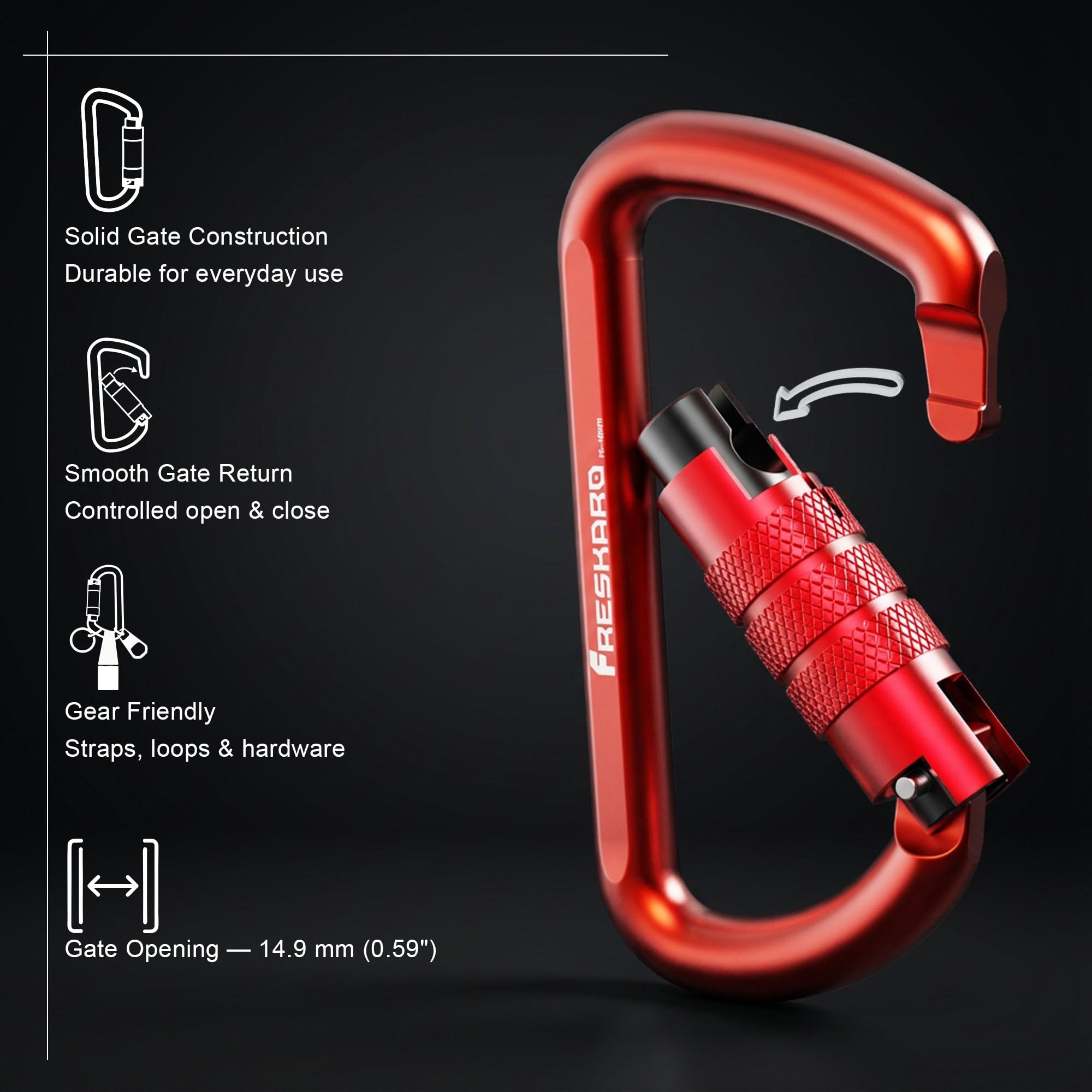 FresKaro 3inch 12kN-2698lbs Auto Locking Carabiner Clips, Solid D Shape, Heavy Duty 7075 Aluminum, Lightweight 1.09oz, Rust Proof, for Hammock, Hiking, Dog Leash, Keychain etc., Multi-Colors