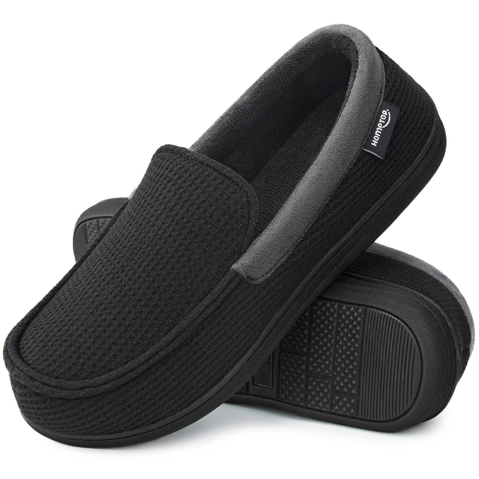 HomeTop Men's Comfort Memory Foam Moccasin Slippers, Breathable Cotton Knit Terry Cloth House Shoes for Indoor Outdoor