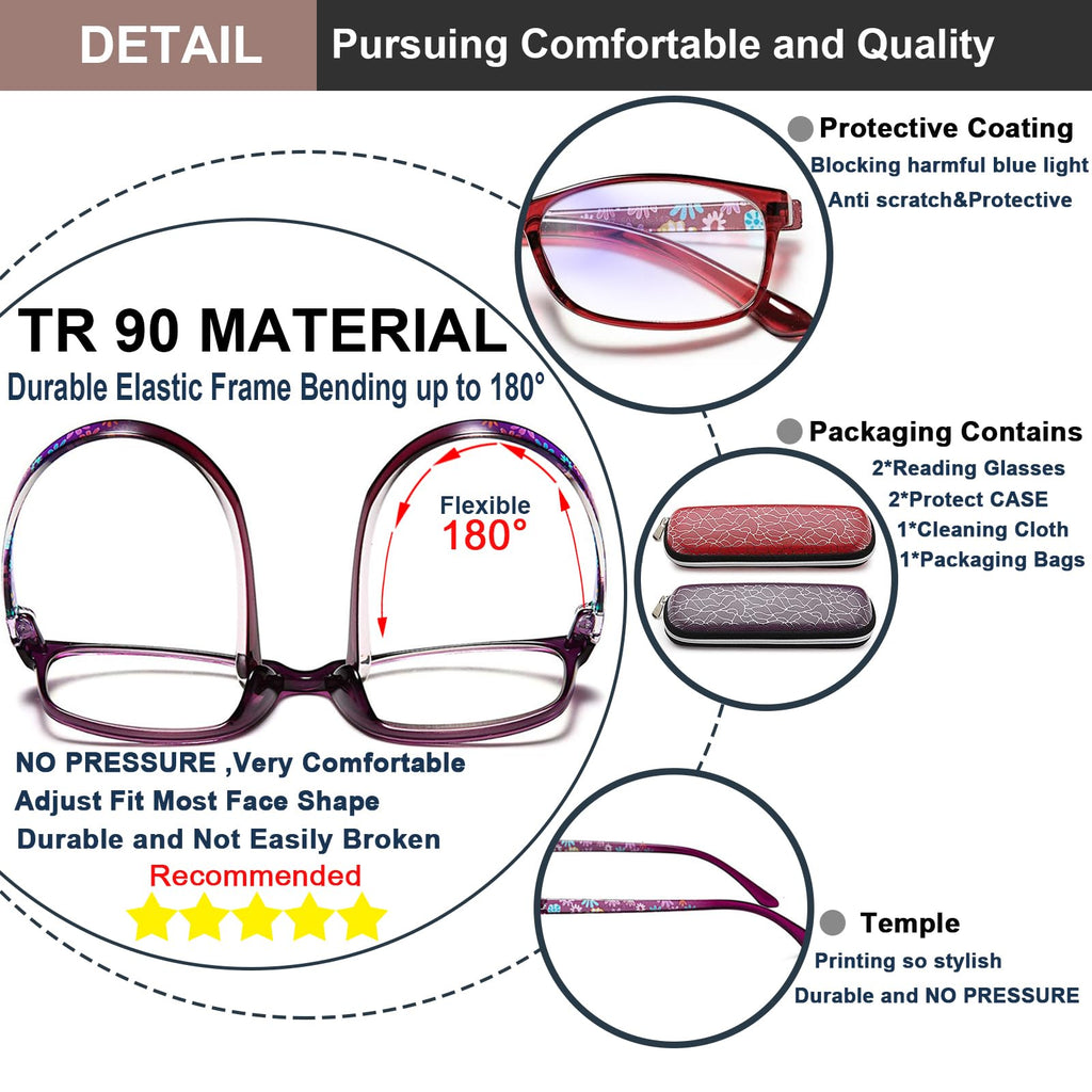 EYEURL Reading Glasses for Women Men Blue Light Blocking, 0.00 Anti Eye Strain Computer Readers, TR90 Ultra Lightweight Rectangle Frame Eyeglasses