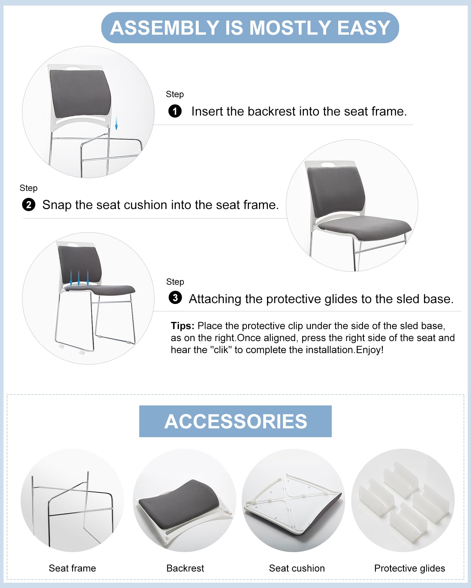 4 Pack Stacking Chairs 1102LB Capacity Home Office Guest Chair Set With Sled Base, Modern Reception Chair for Kitchen, Waiting Room, Multi-Purpose, Break Room, Training, Cafeteria, Gray Color