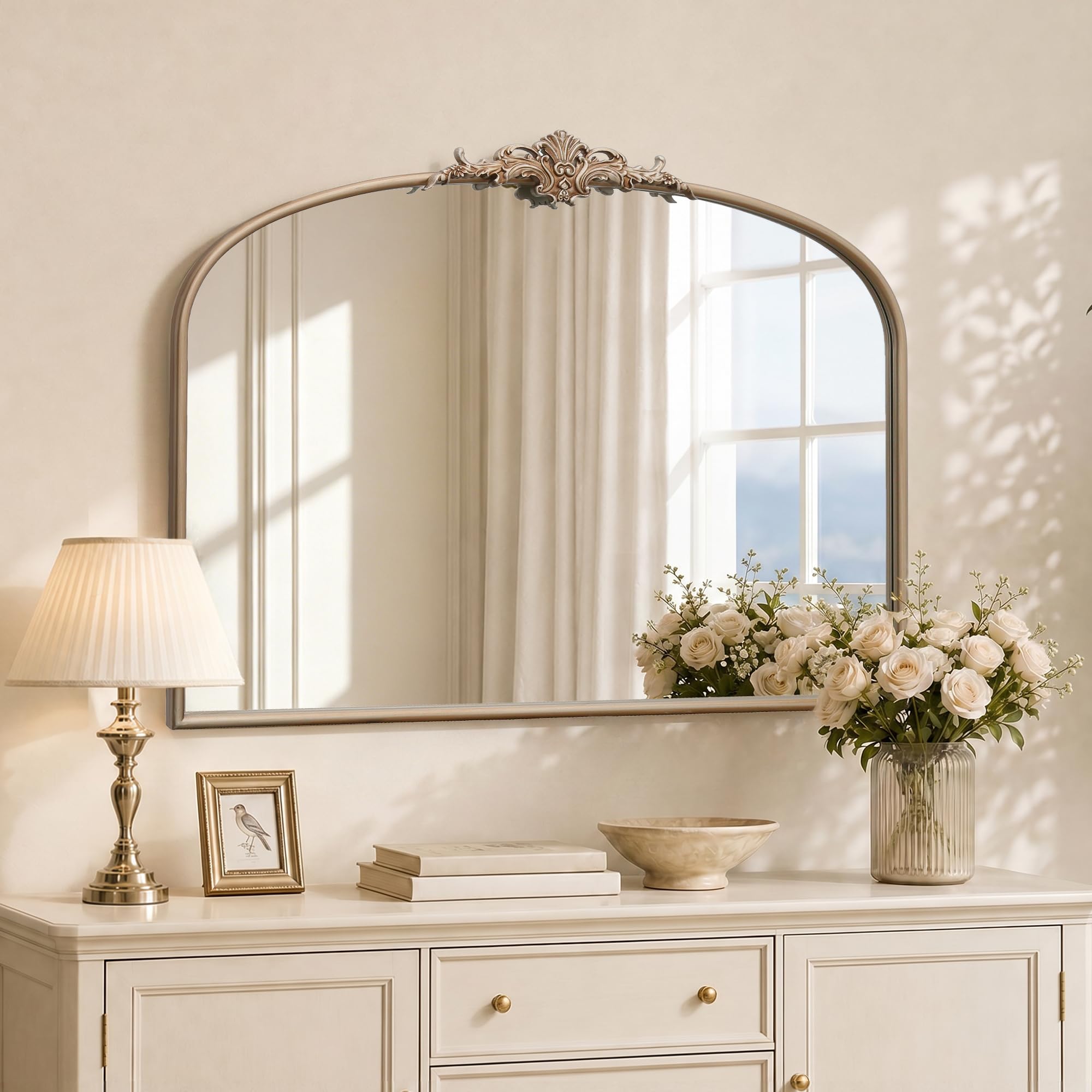 Besdomus Vintage Arched Black Mirror: 32"x24" French Large Black Vintage Wall Mirror - Baroque Traditional Ornate for Living Room/Fireplace/Bathroom- Ideal Gifts for Housewarming/Birthday