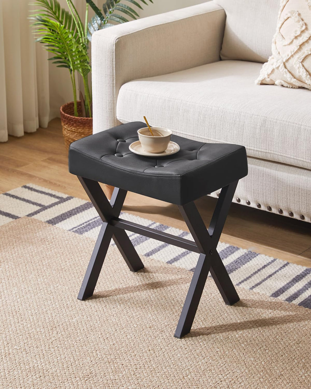 IBUYKE U-Shaped PU Vanity Stool, Square Makeup Chair with X-Leg, Ottoman Seat Footrest Stool, Multi-Use as Small Side Table, for Bedroom, Living Room, Black WBD019B