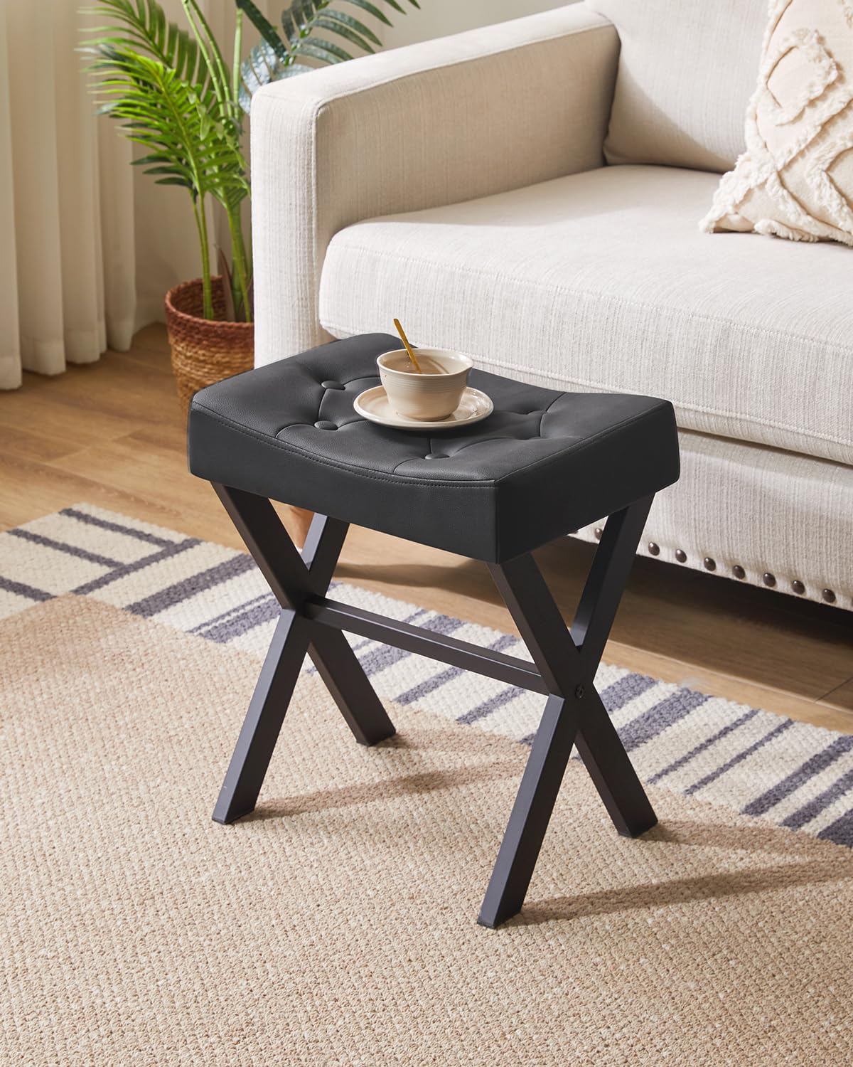 IBUYKE U-Shaped PU Vanity Stool, Square Makeup Chair with X-Leg, Ottoman Seat Footrest Stool, Multi-Use as Small Side Table, for Bedroom, Living Room, Black WBD019B
