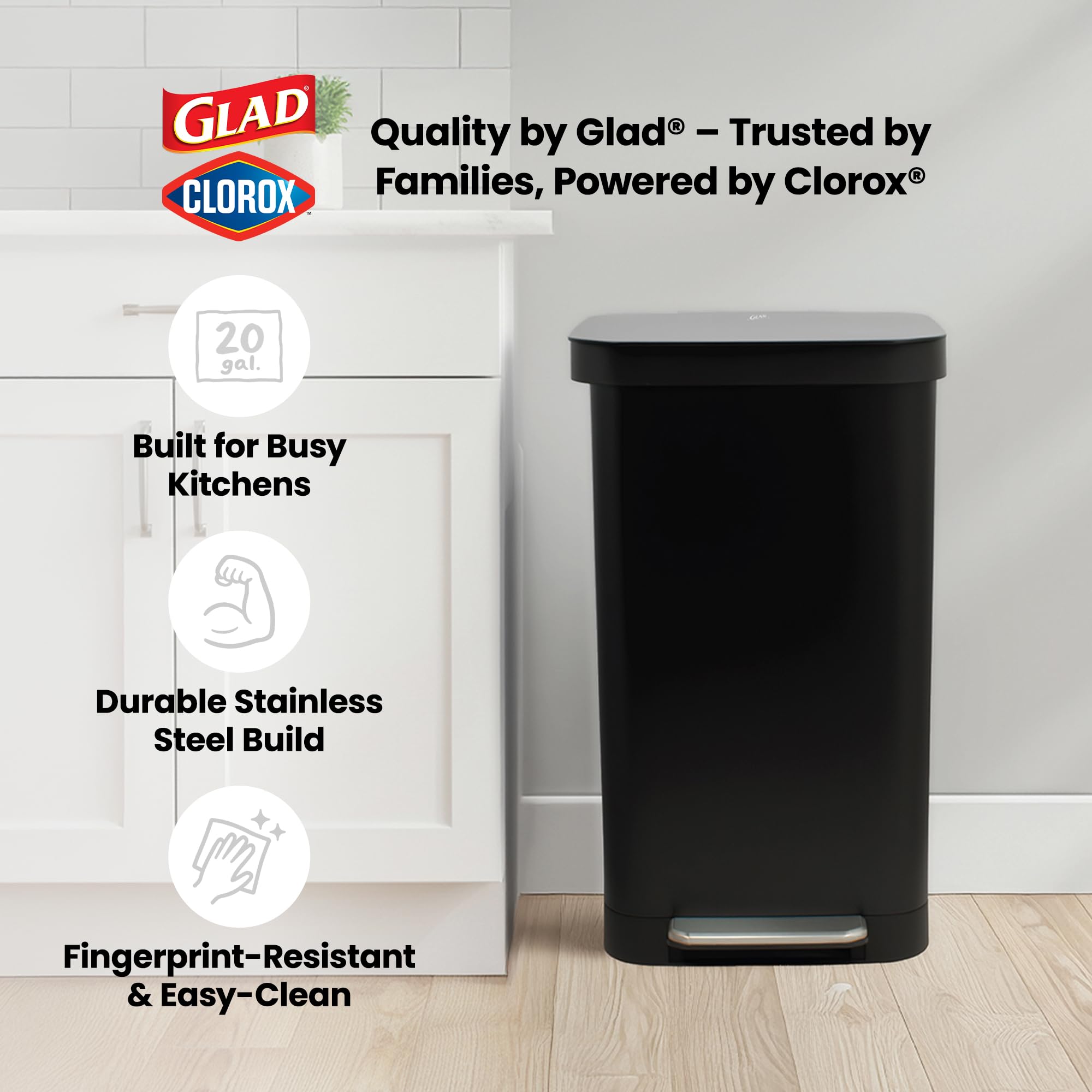 Glad 13 Gallon All Brushed Stainless Steel Trash Can with Clorox Odor Protection | Large Metal Kitchen Garbage Bin with Soft Close Lid, Garbage Bag Rings, Step On Foot Pedal and Waste Bag Roll Holder