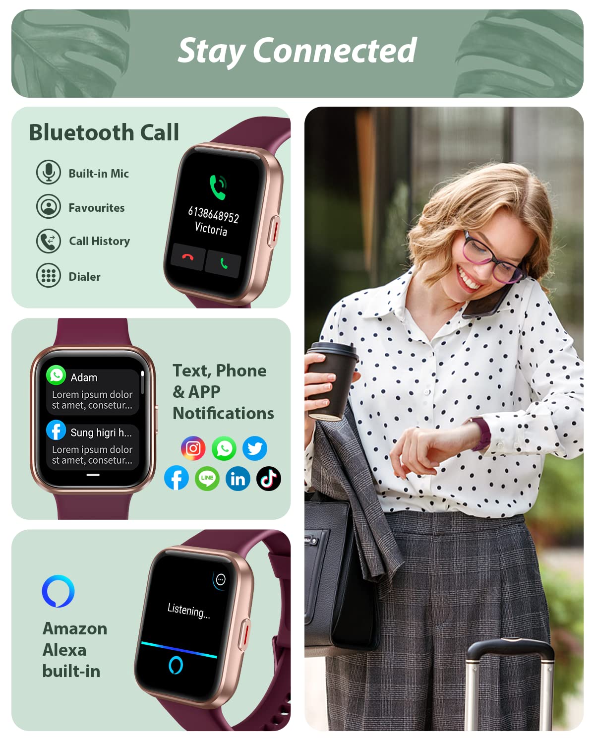 Tensky Smart Watch for Men/Women Android/iPhone/Samsung, Alexa Built-in, 1.8" Touch Screen Fitness Tracker with Answer/Make Calls, 3ATM Waterproof Heart Rate/Sleep/SpO2 Monitor, 120+ Sport Modes