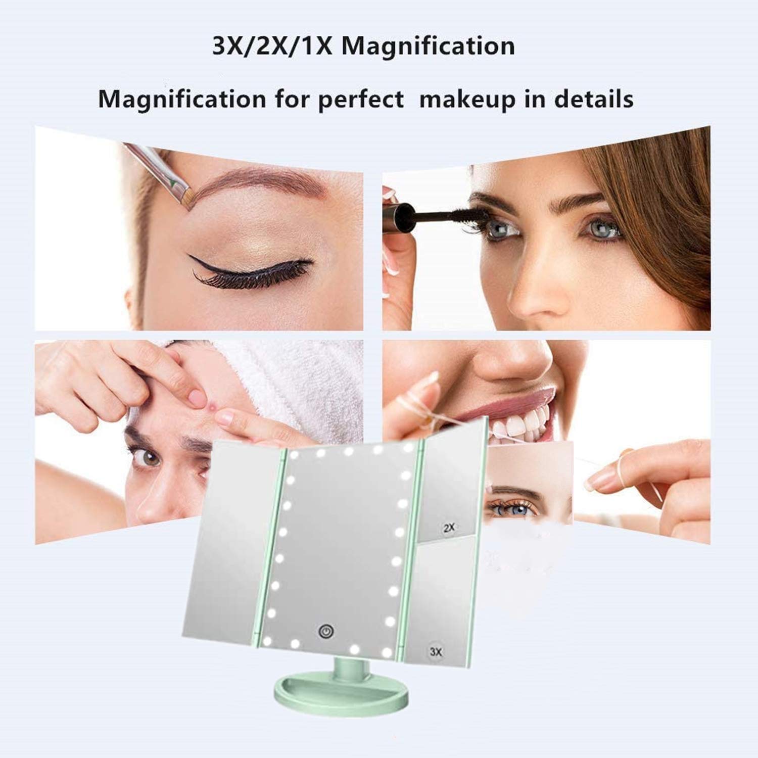 Flymiro Tri-fold Lighted Vanity Makeup Mirror with 3x/2x Magnification,Light up Mirror for Makeup,Touch Screen 21 LEDs,180° Rotation Countertop Cosmetic Mirror,Gifts for Women Mom Teen Girls