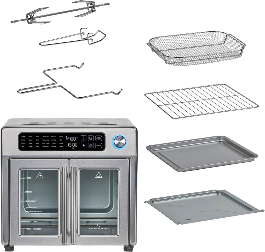 Emeril Lagasse Extra Large French Door Air Fryer Toaster Oven Combo, 25 Cooking Functions and Digital Controls, 7 Accessories Included, Stainless Steel Finish, 26QT Capacity