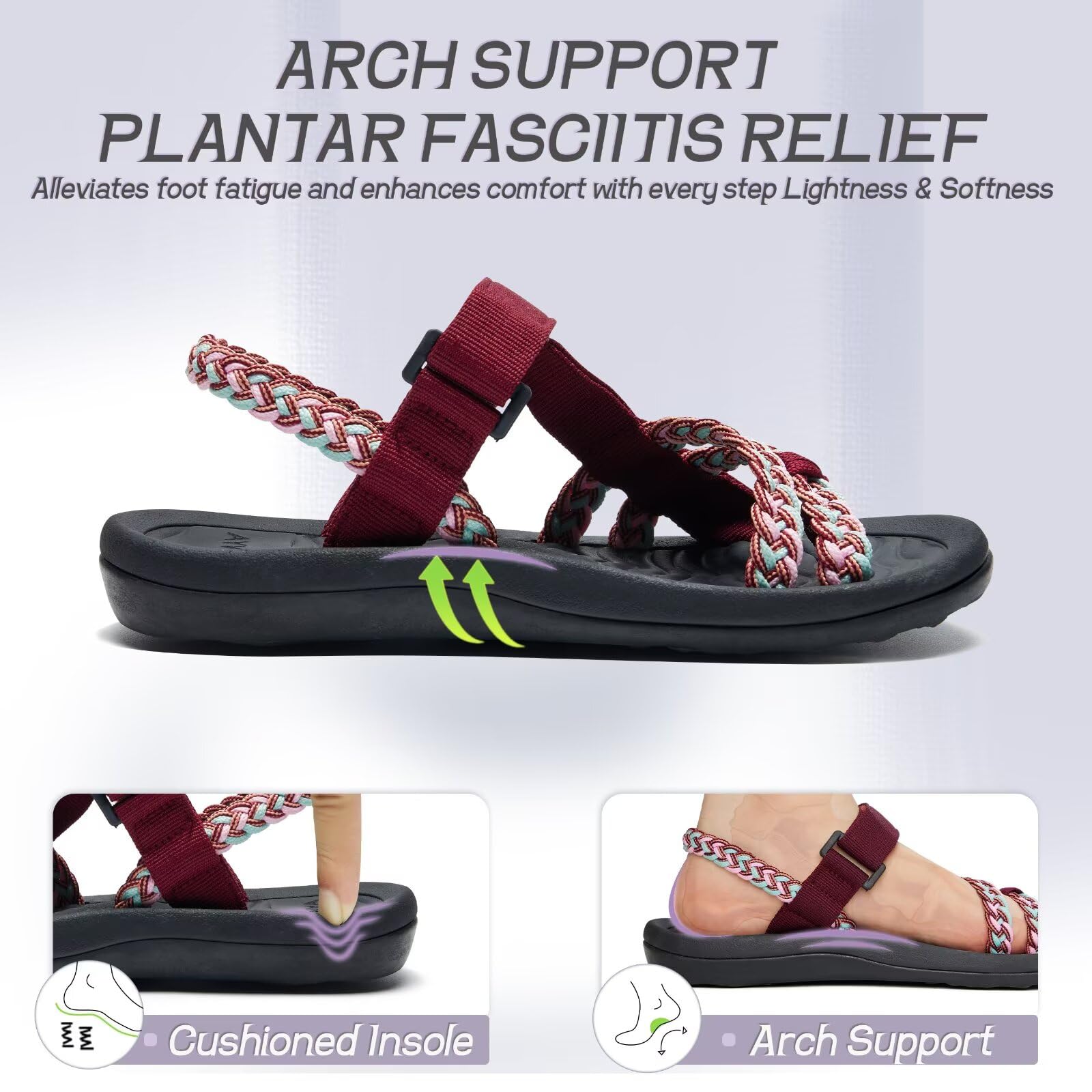 MEGNYA Hiking Sandals for Womens, Comfortable Walking Flip Flop Sandals with Arch Support, Athletic Sandals with Hook and Loop Straps for Beach Vacation Adventure