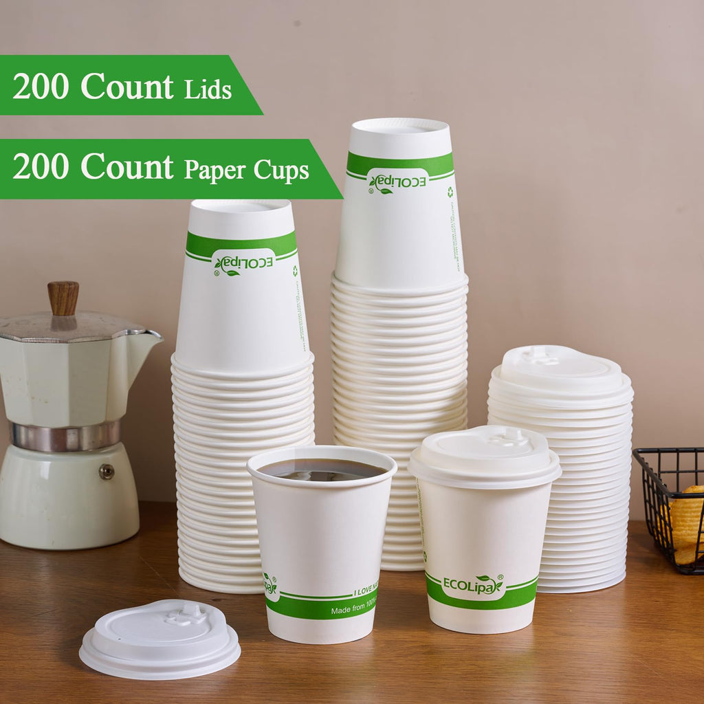 ECOLipak 100 Count 12 oz Compostable Paper Coffee Cups, Biodegradable Disposable Coffee Cups with CPLA Lid, Eco-friendly Hot Drinking Cups for Party, Picnic, Travel, and Events