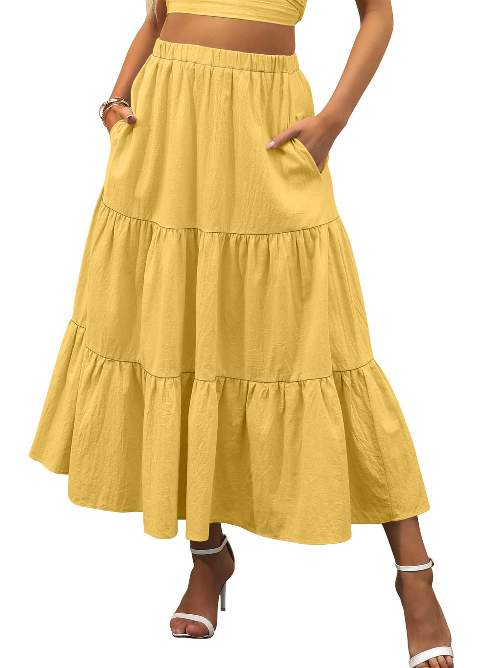 ANRABESS Women’s Summer Boho Flowy Swing Tiered A-Line Maxi Skirt 2026 Fashion Trendy Elastic Waist Pleated Long Beach Dress