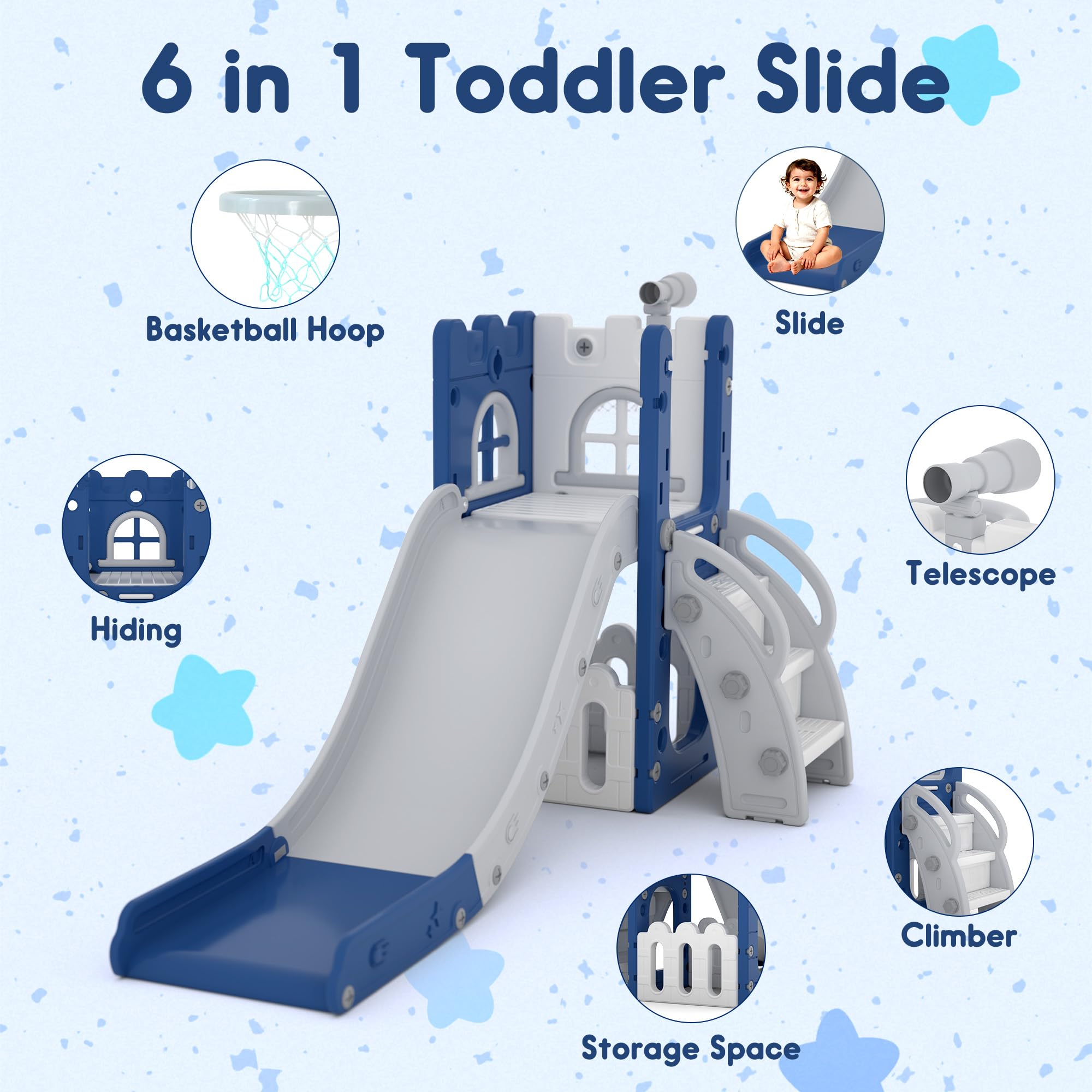 LulliSpace 6 in 1 Toddler Slide,Kids Playset for Toddlers Indoor Outdoor, Baby Slide with Basketball Hoop, Telescope & Storage Space,Non-Slip Steps for Great Gift