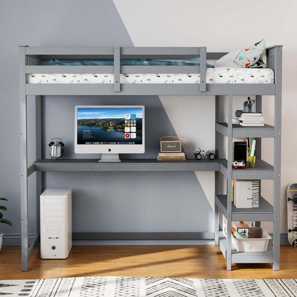 JOYMOR Low Loft Bed Twin Size with LED Lights, 4 Storage Shelves, Removable Curtain, Kids Wood Loft Bed with 15" H Safety Guardrail, Spave Saving, Mattress Not Included (Gray)