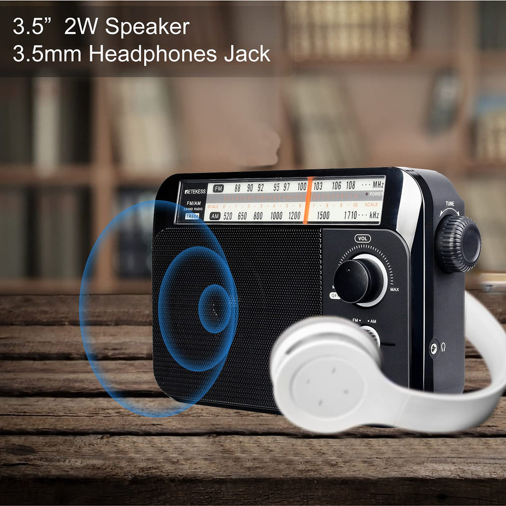 Retekess TR604W AM FM NOAA Radio, Portable Emergency Weather Radios with Best Reception, AC or D Battery Powered, with Clear Dial and Large Knob, Suit for Home (Black)