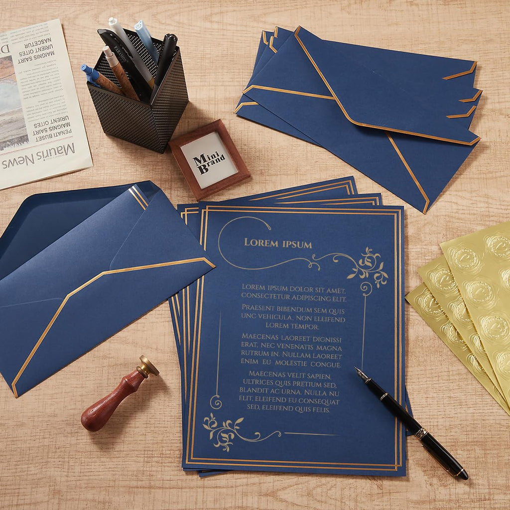 50 Pack Stationery Set with Envelopes, Cream Color, 8.5x11 Inches | Gold Border, #10 Business Envelopes and 8.5x11 Paper Sheets, Stickers for Letter Writing, Invitations