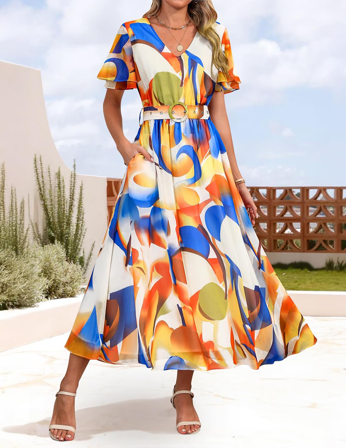 ZESICA Women's 2026 Summer Floral V Neck Midi Dress Boho Short Sleeve High Waist Flowy Beach Vacation Dresses with Belt