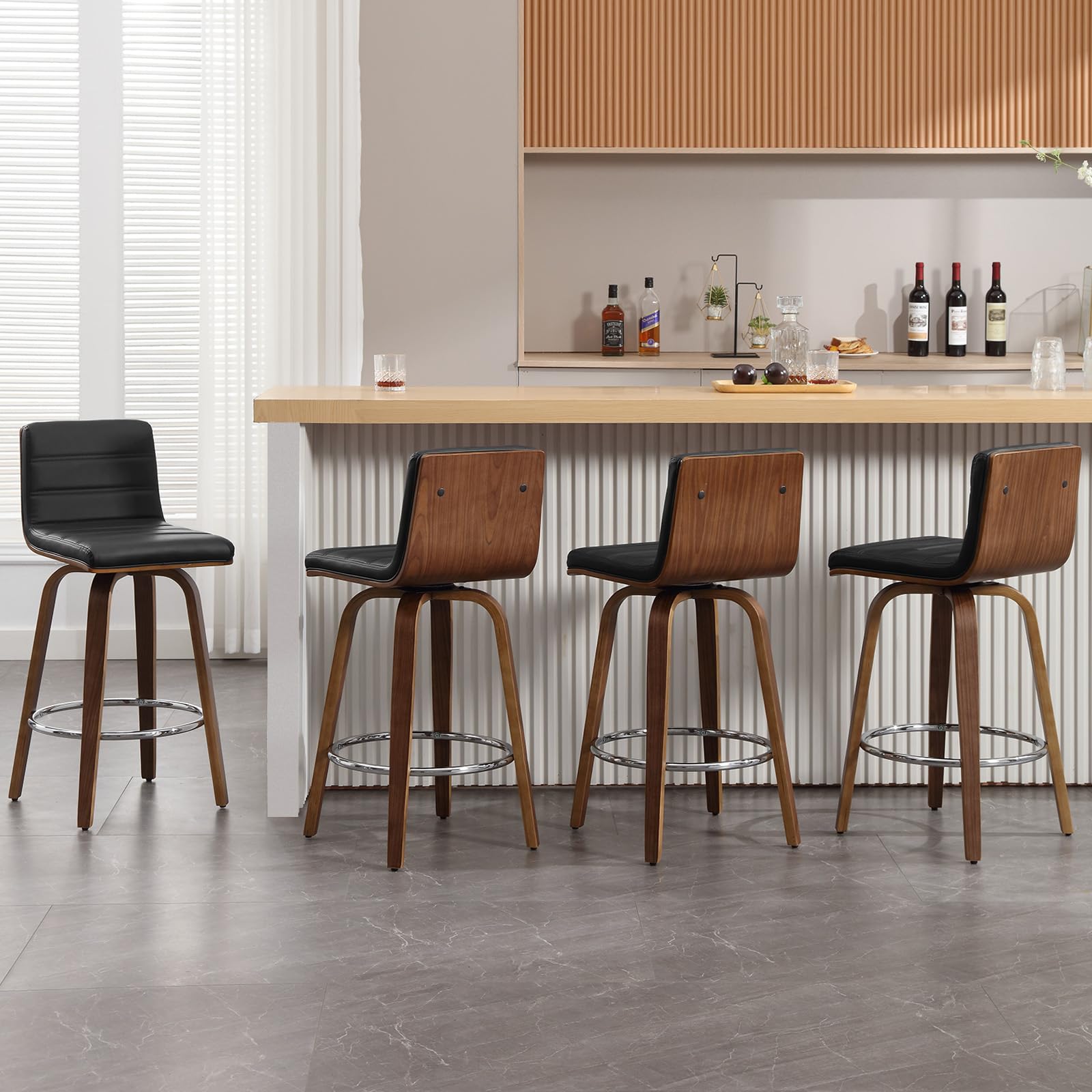 Bar Stools 29 Inch Bar Height, Swivel Bar Stools with Backs Upholstered PU Leather Barstool, L Shape Back and Padded Seat, Mid-Century Modern Bar Stool Pub Chairs for Kitchen Counter Island, Black