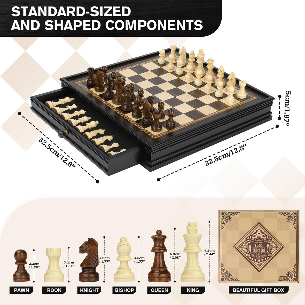 Peradix Magnetic Chess and Checkers Set with 2 Built-in Storage Drawers, Classic 2 in 1 Wooden Board Games, Magnetic Chess Pieces 2 Extra Queens, 12.8" Chess Set for Adults and Kids Gift Package
