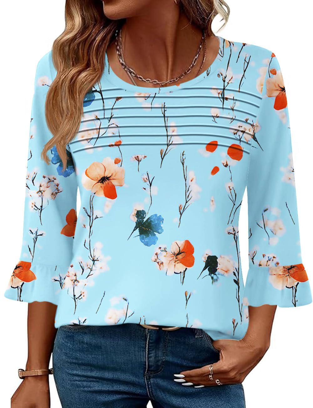 Blingfit Womens Tops 3/4 Length Sleeve Dressy Casual Shirts Bell Sleeve Front Pleated Fasion Trendy Summer Blouses 2026