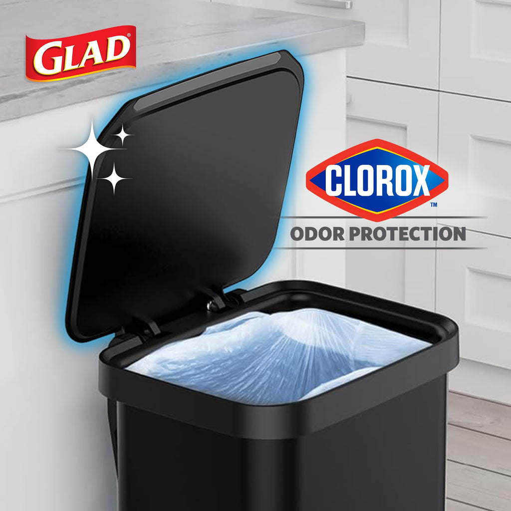 Glad 13 Gallon All Brushed Stainless Steel Trash Can with Clorox Odor Protection | Large Metal Kitchen Garbage Bin with Soft Close Lid, Garbage Bag Rings, Step On Foot Pedal and Waste Bag Roll Holder