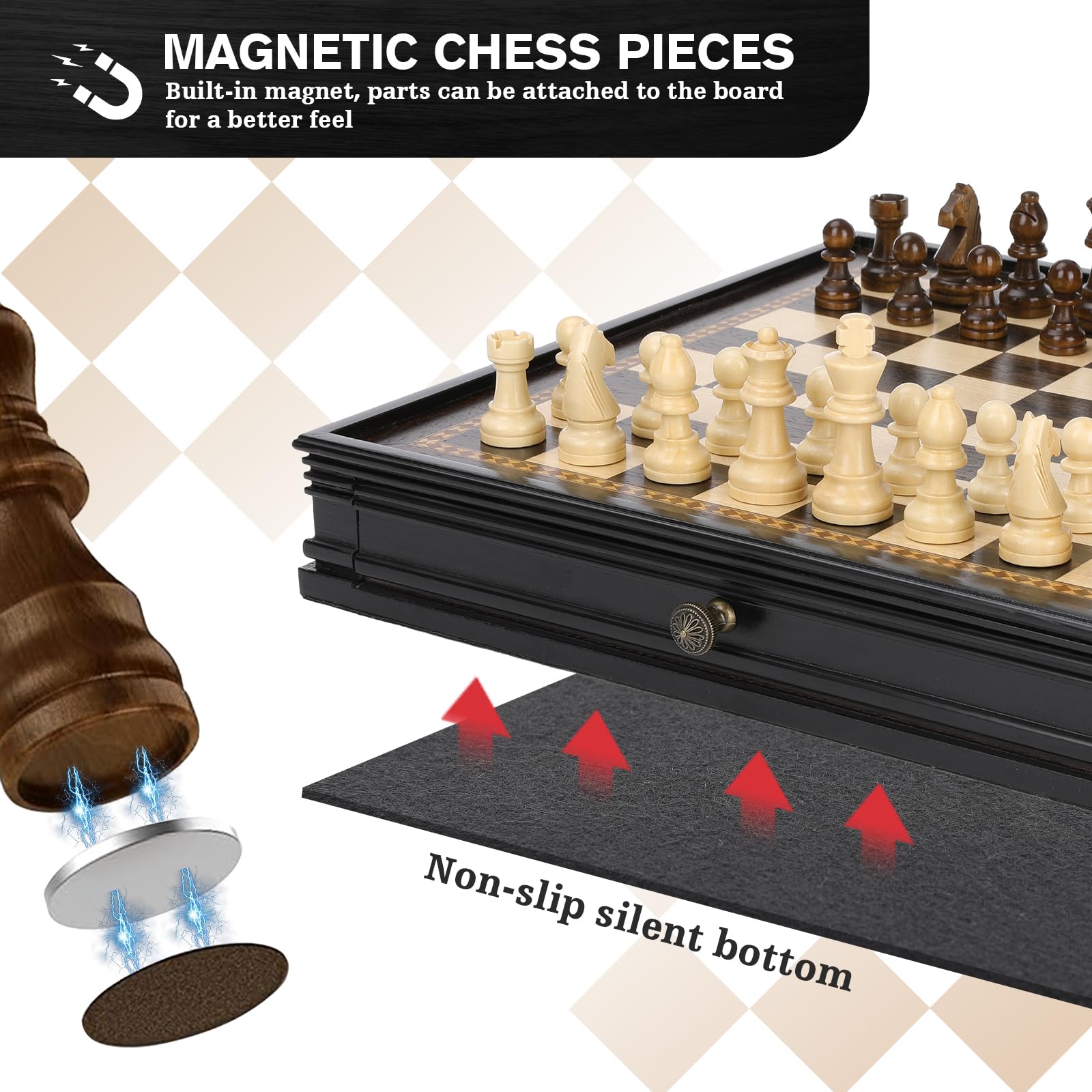 Peradix Magnetic Chess and Checkers Set with 2 Built-in Storage Drawers, Classic 2 in 1 Wooden Board Games, Magnetic Chess Pieces 2 Extra Queens, 12.8" Chess Set for Adults and Kids Gift Package