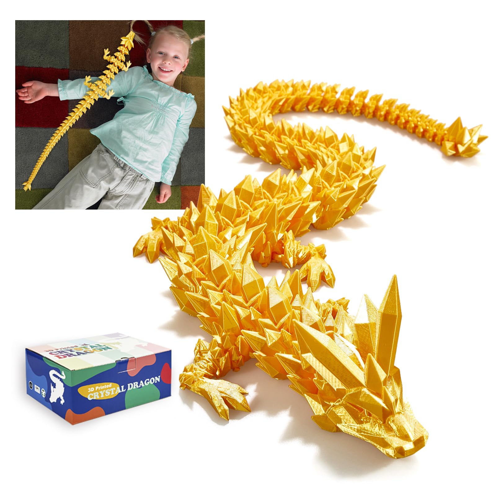 24" Large 3D Printed Dragon - Huge Articulated Crystal Dragon Fidget Toy, Giant Flexible 3D Dragon Figure, Birthday Gift for Boys Girls Kids & Collectors, Home Office Executive Desk Decor