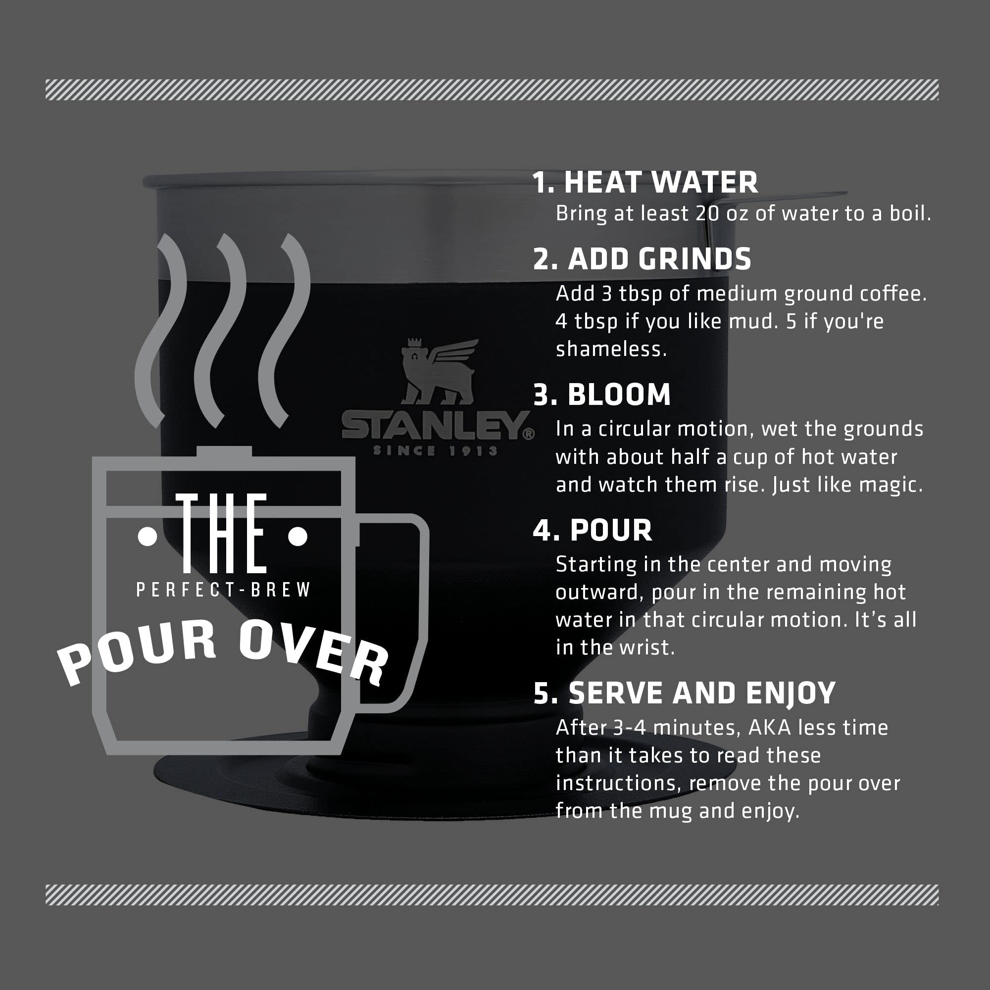 STANLEY Perfect Brew Pour Over | Manual Single Cup Coffee Maker | Drip Coffee Maker with Reusable Filter | Easy Clean Stainless Steel | BPA-Free | Charcoal Glow