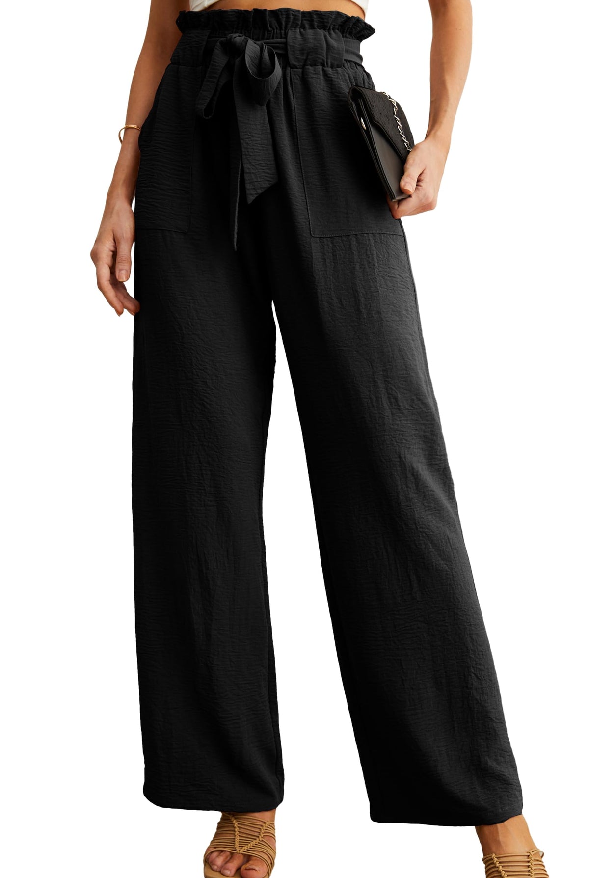 IWOLLENCE Women High Waist Palazzo Pants, Adjustable Knot Ankle Wide Leg Trousers Pockets Beach Vacation Lounge Office