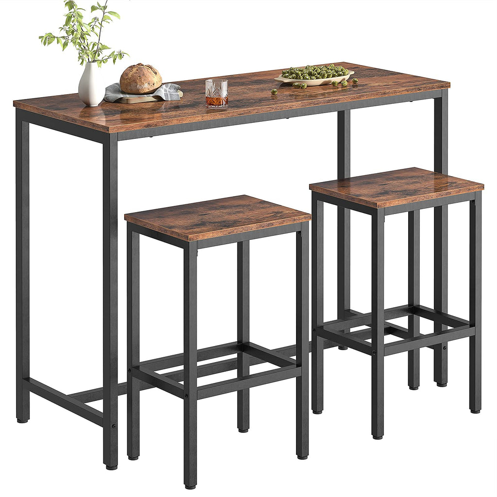 Rectangular Pub Bar Table & Stools Set, 3-Piece Breakfast Table, Grey, HOOBRO