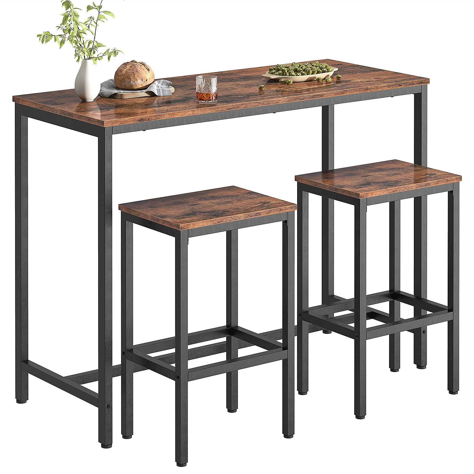 Rectangular Pub Bar Table & Stools Set, 3-Piece Breakfast Table, Grey, HOOBRO