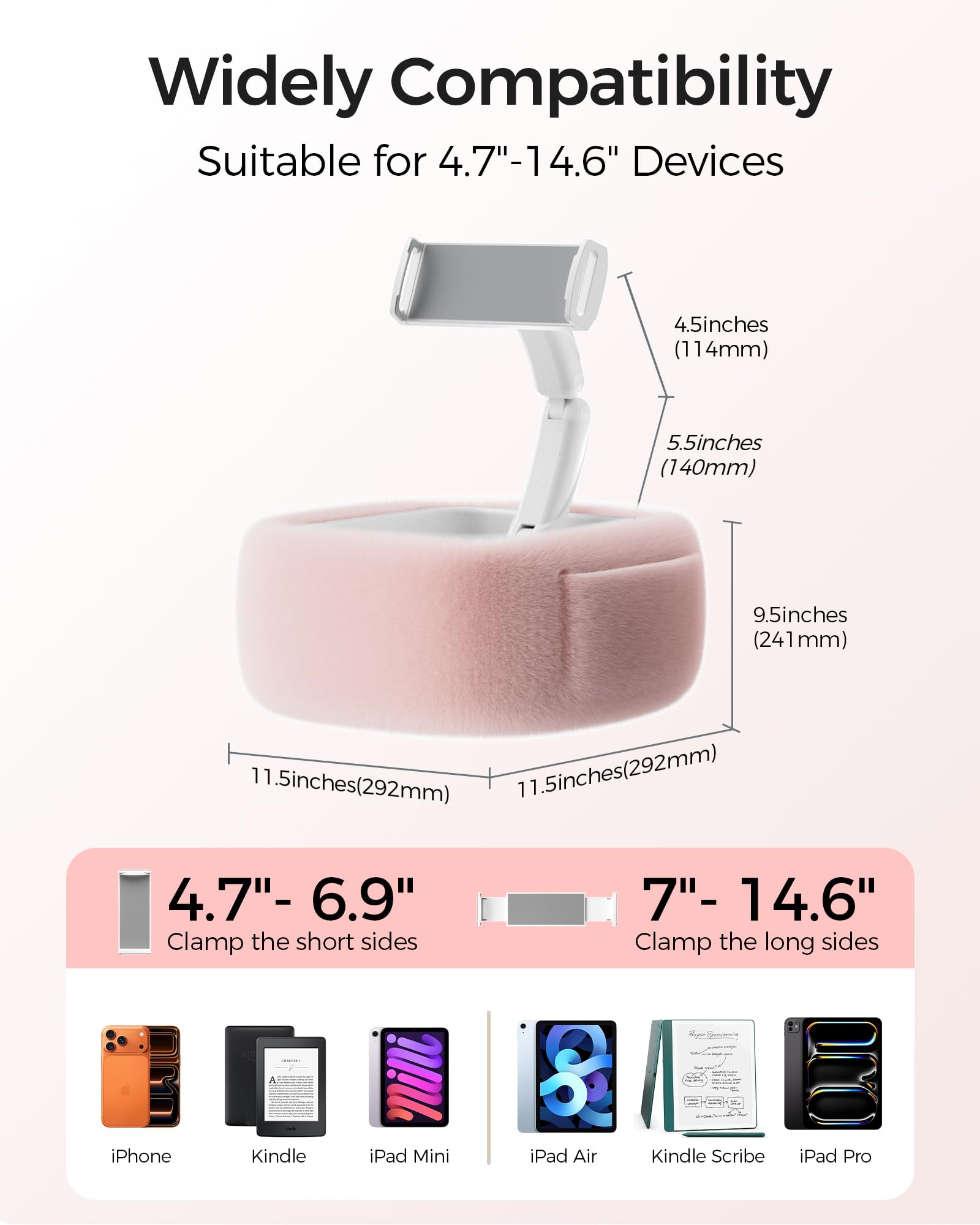LULULOOK Tablet Pillow Stand, Compatible with iPad, iPhone and 4.7-14.6”Tablet, 360° Adjustable Kindle Pillow Stand for Bed with Ultra Fluffy Fabric & Snack Bowl (Cloudy White)