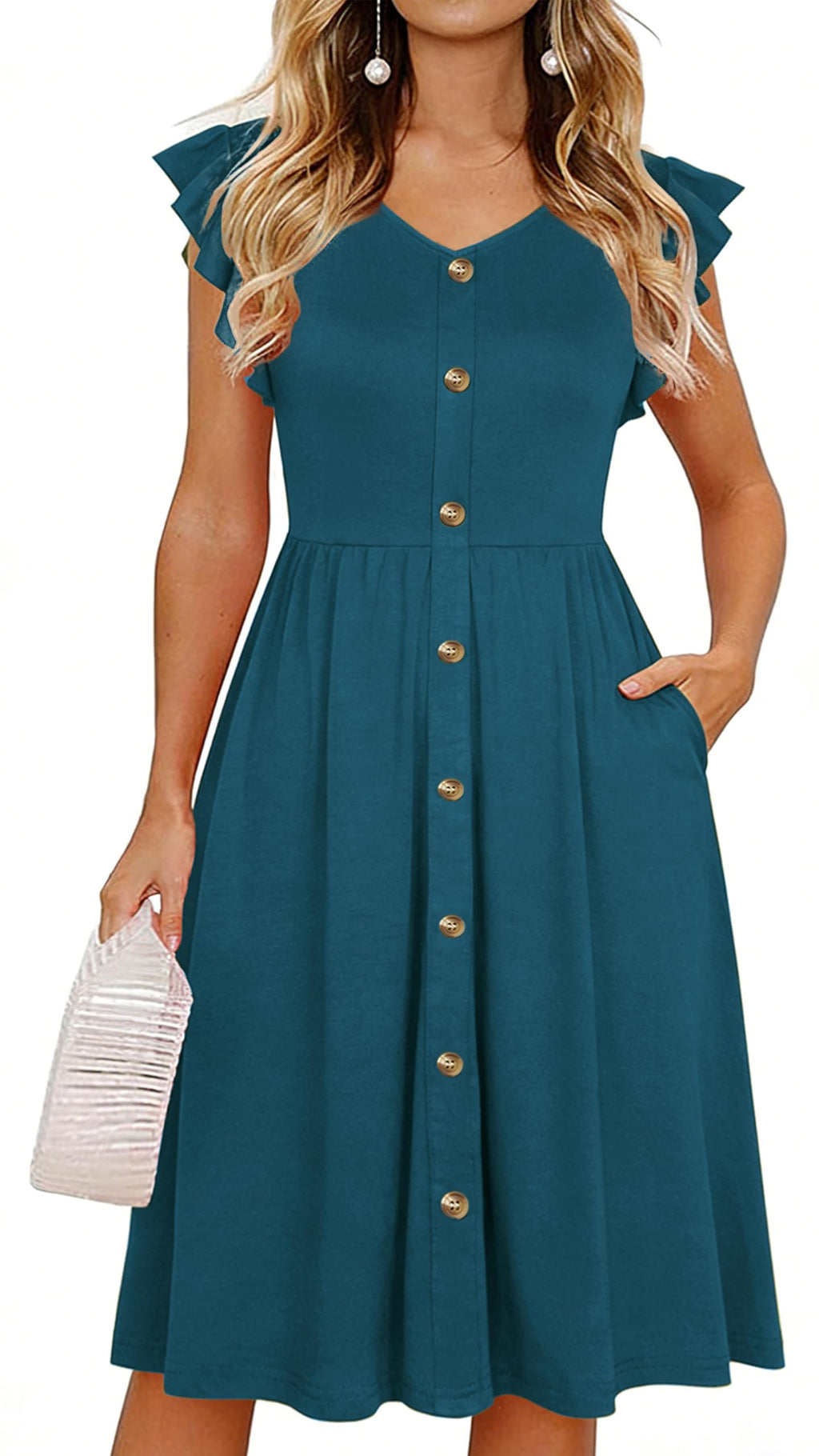 Lamilus Women's Casual Summer Dresses 2026 Ruffle Sleeves V-Neck Button Down Midi Swing Party Dress with Pockets
