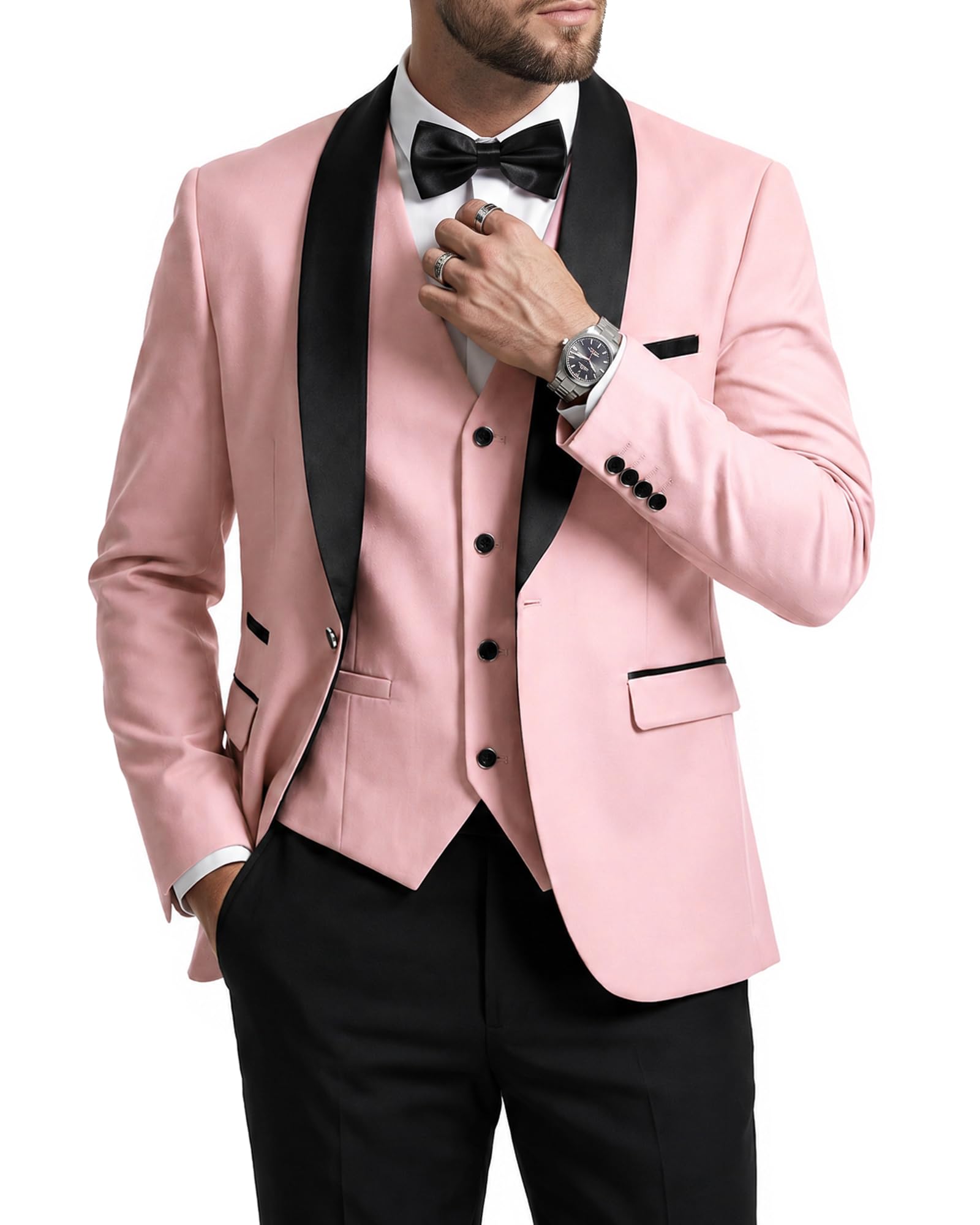 MrSure Men’s 3 Piece Slim Fit Suit, One Button Shawl Lapel Tuxedo, Premium Dinner Jacket Vest Pants & Tie Set