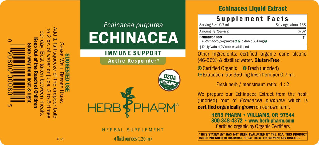 Herb Pharm Echinacea Alcohol-Free Extract: Immune System Support for All Seasons | Fast-Absorbing Echinacea Root Organic Supplement | Non-GMO, Vegan & Gluten-Free | Glycerite Liquid | 1 oz