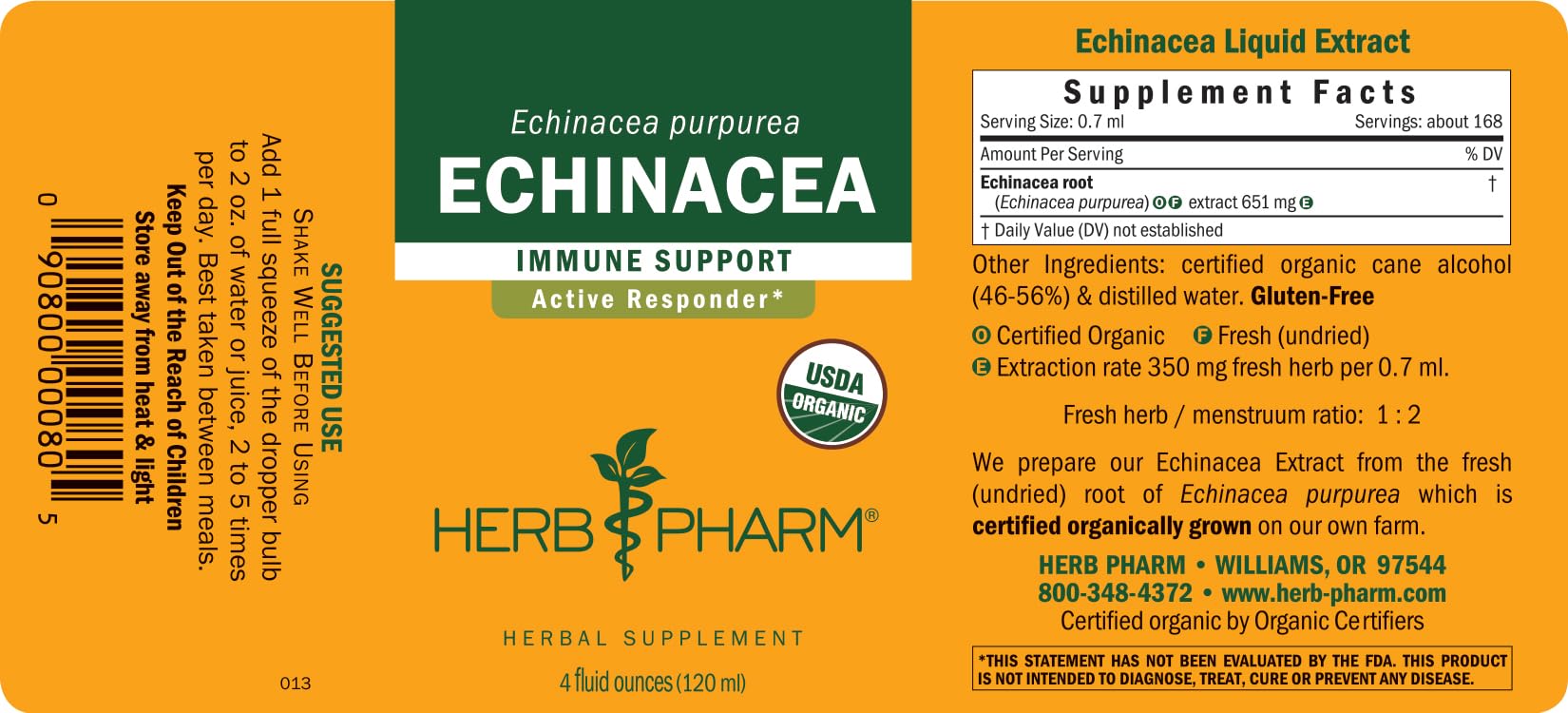 Herb Pharm Echinacea Alcohol-Free Extract: Immune System Support for All Seasons | Fast-Absorbing Echinacea Root Organic Supplement | Non-GMO, Vegan & Gluten-Free | Glycerite Liquid | 1 oz