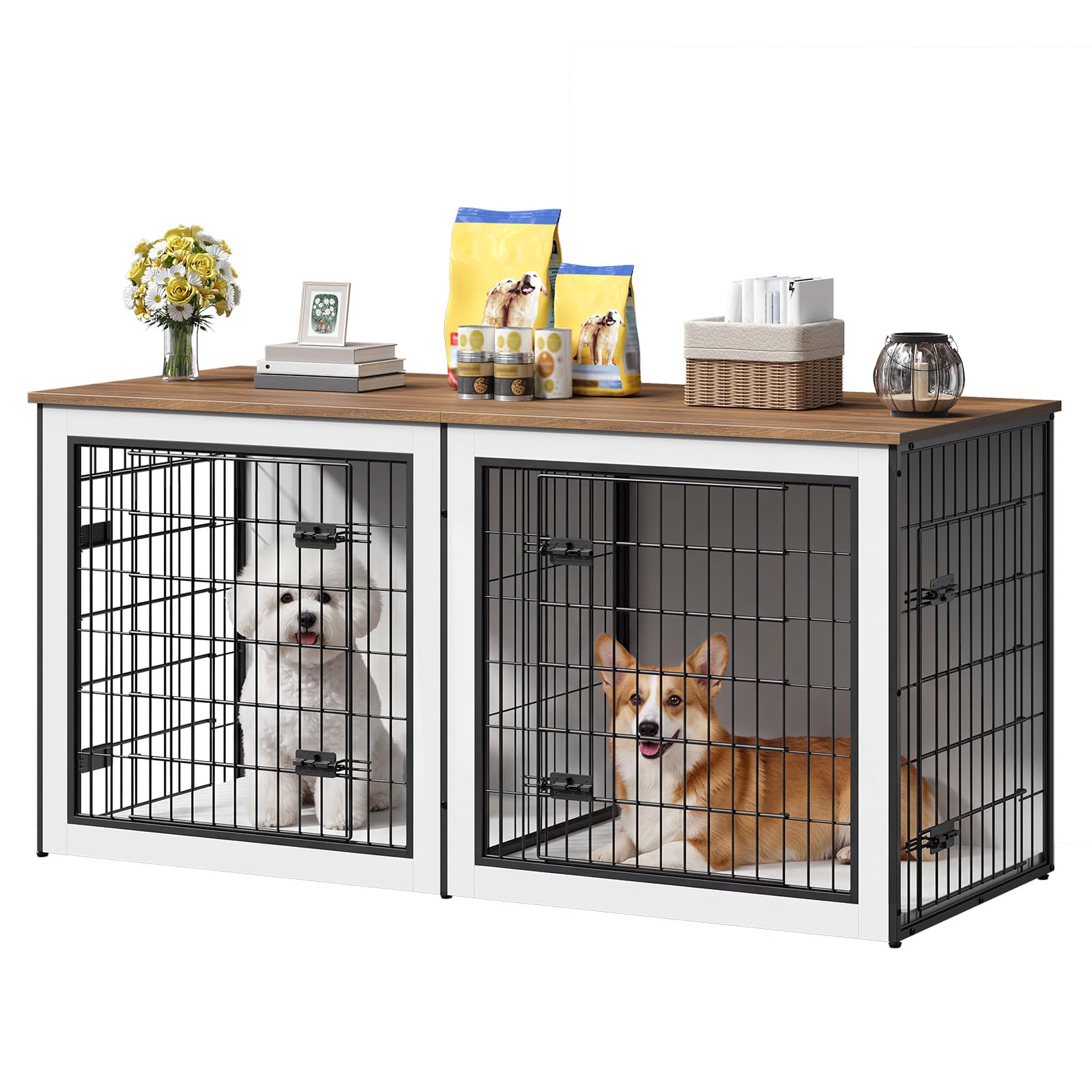 HOOBRO Dog Crate Furniture for 2 Dogs, 63" Large Double Dog Crate Furniture with Divider, Wooden Indoor Kennel TV Stand for Medium Large Dogs, Rustic Brown BF55GW03