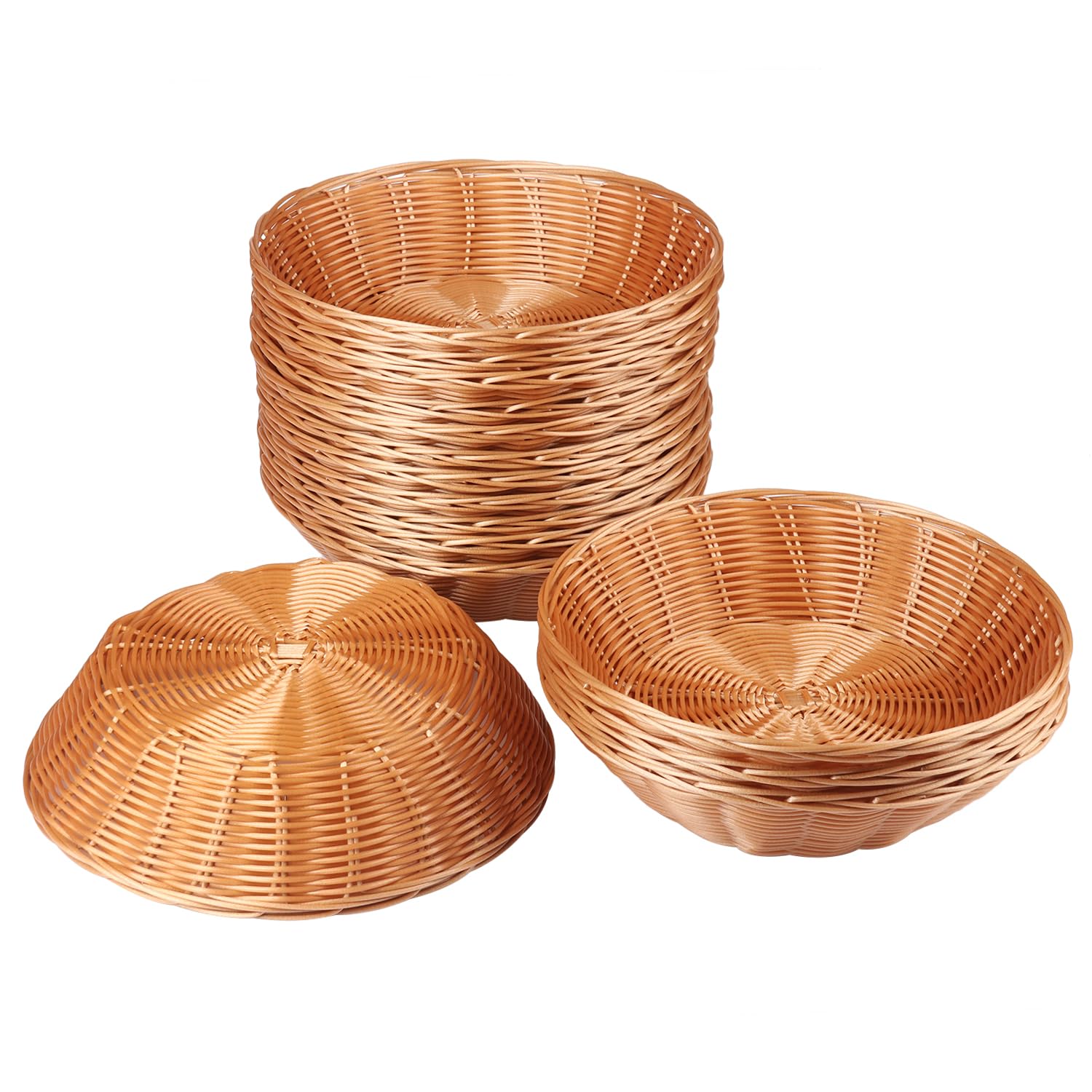 GNIEMCKIN 12 Pack Round Poly Wicker Basket, Diameter 9.5 In, Brown, Plastic, Polypropylene