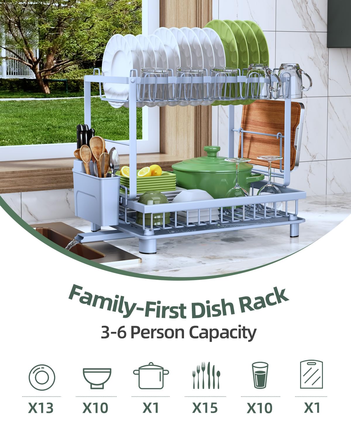 Dish Drying Rack, 2 Tier Space-Saving Dish Rack, Multifunctional Dish Drainer for Kitchen Counter with Drainboard/Utensil/Cup Holder Rustproof Carbon Steel, Black