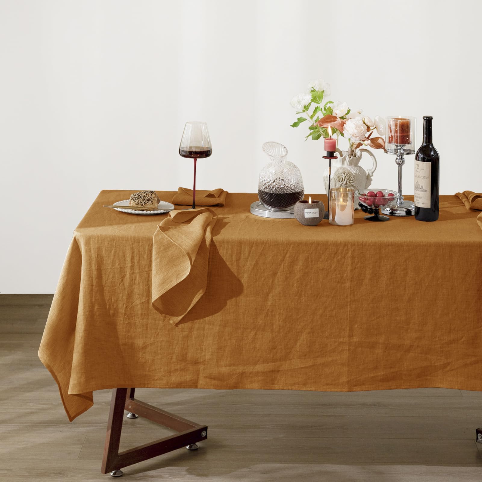 Talasily Linen Tablecloth 100% Pure Linen Table Cloth 60x84 Inches Rectangle Tablecloths Washable Cloths for Kitchen, Dining, Buffet Parties, Holidays, Picnic, Weddings and Restaurants-Caramel
