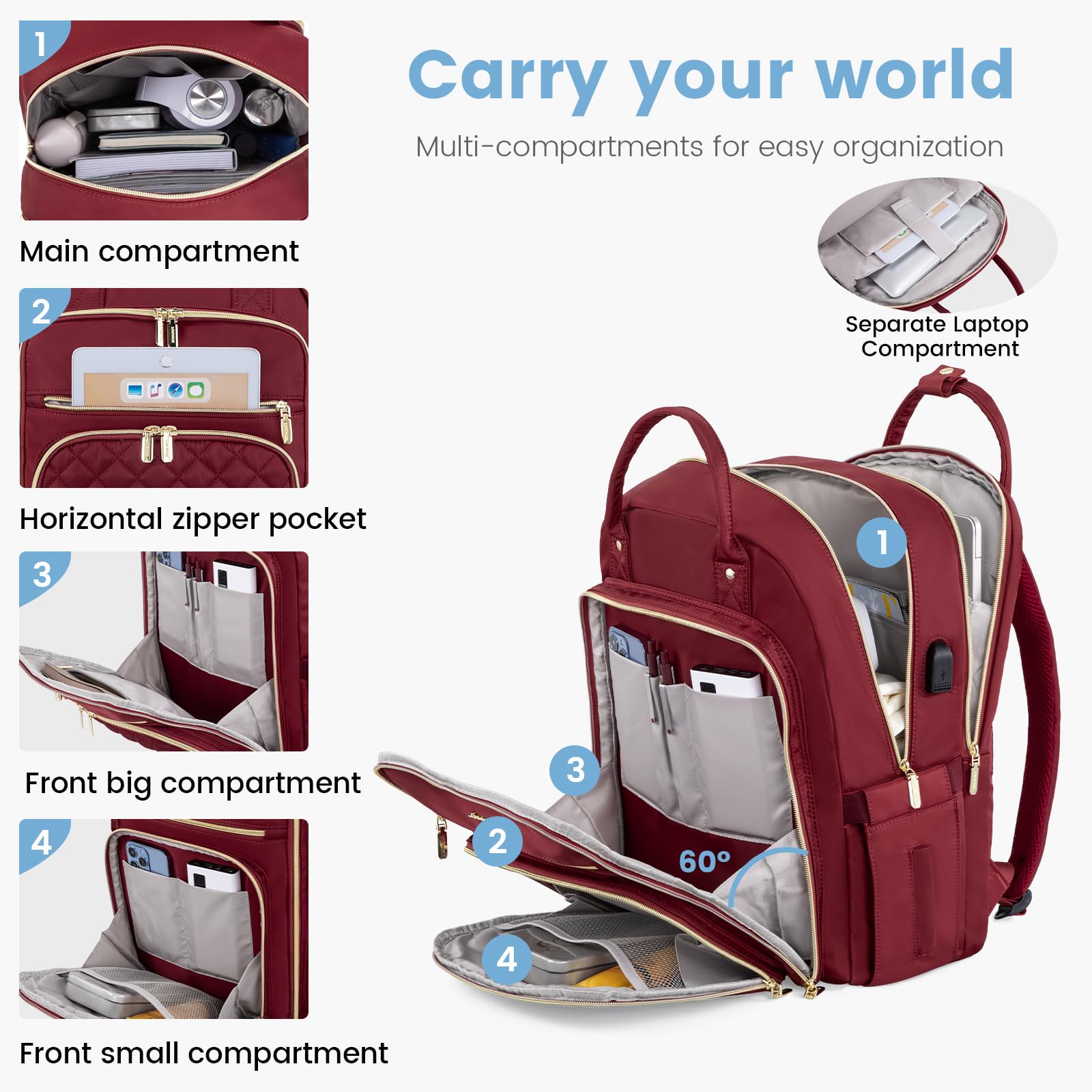 LOVEVOOK Laptop Backpack for Women, Water Resistant Travel Work Backpacks Purse College Business Teacher Nurse Computer bag with USB Charging Port