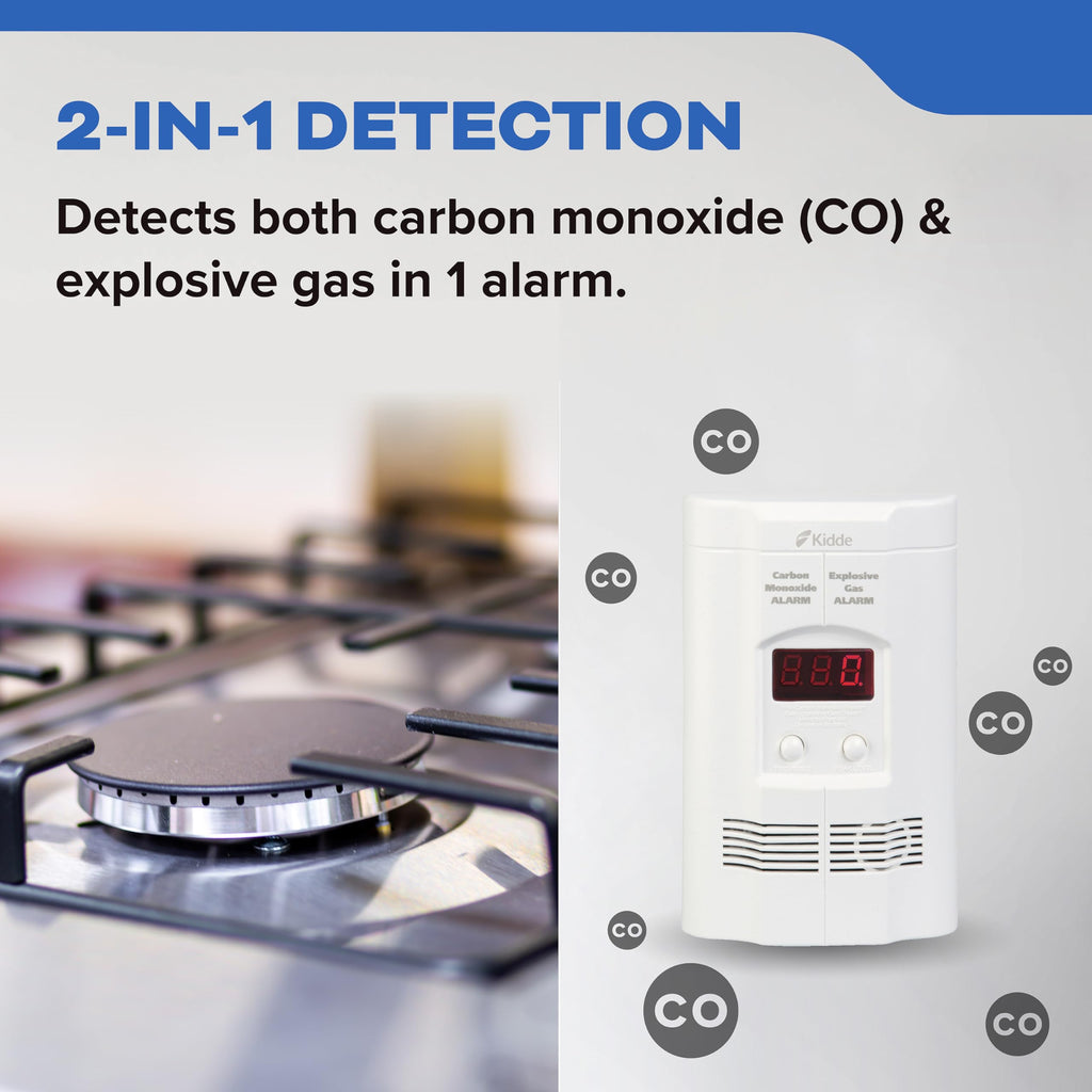 Kidde Carbon Monoxide + Explosive Gas, Natural Gas & Propane Alarm, Plug-in with 9V Battery Backup, Digital Display, 85 dB Alarm, LED Status Indicators, 3rd Edition